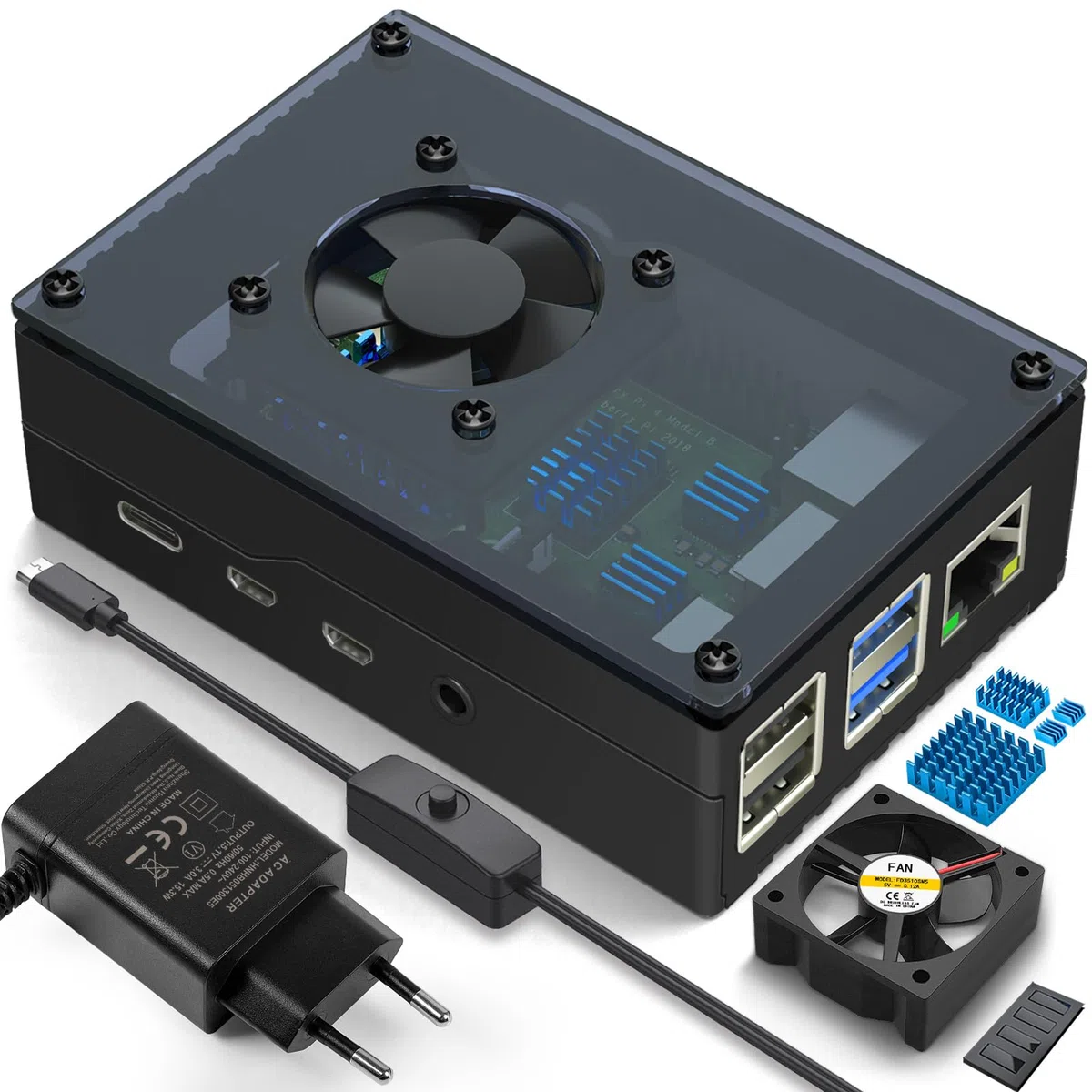 Miuzei Custodia per Raspberry Pi 4 Modello B con Ventola 35mm e Grande Dissipatore di Calore 15mm - Alimentatore USB-C 5V 3A con Interruttore On/Off - Compatibile con Pi 4B, 8GB/4GB/2GB