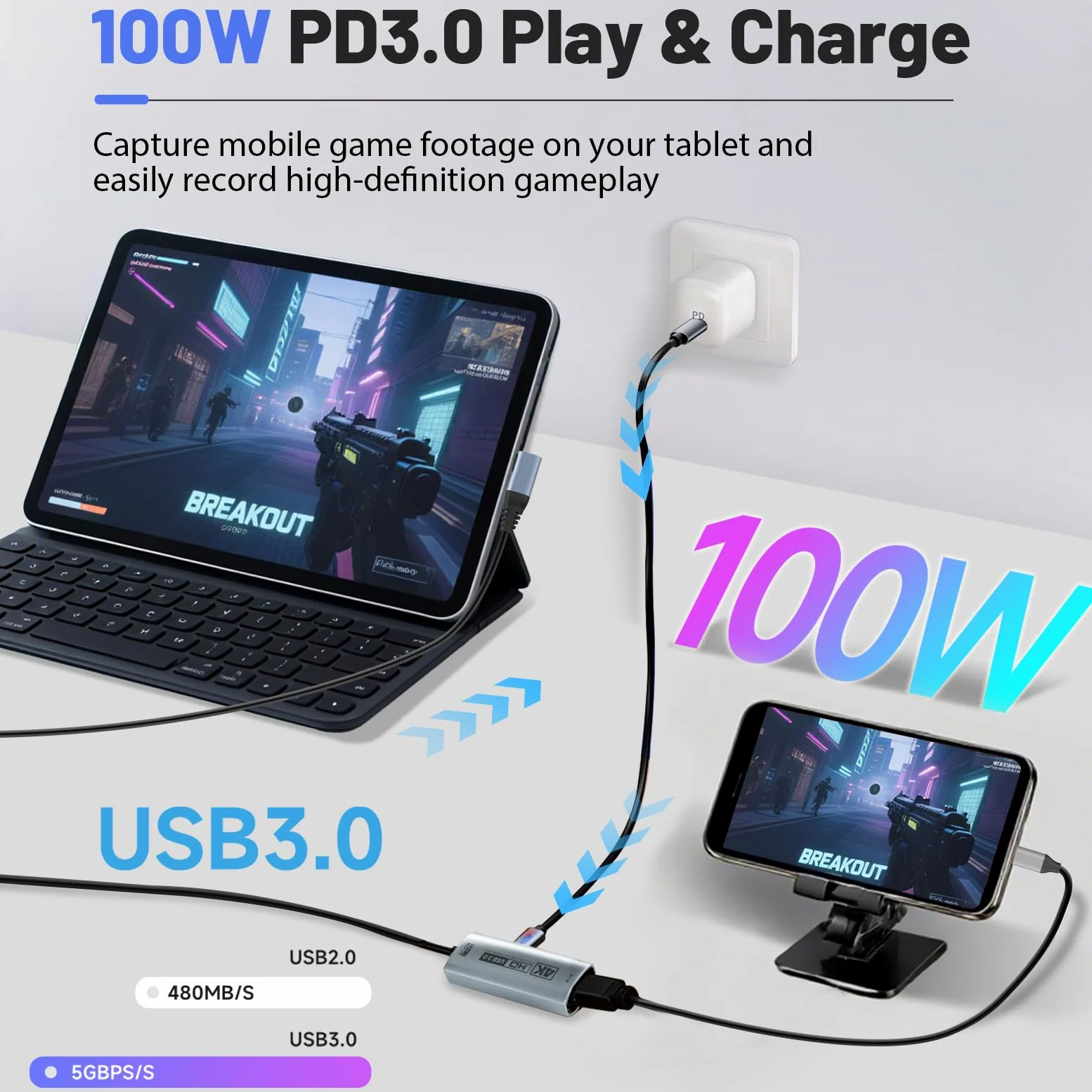 Guermok Scheda di acquisizione HDMI 4K USB3.0 per streaming, PD100W, USB a 90°, 1 m 4K a 60 fps 1080p a 240 fps HDMI a USB A/C dispositivi di acquisizione video per pad/tablet/MacOS/Switch2/1
