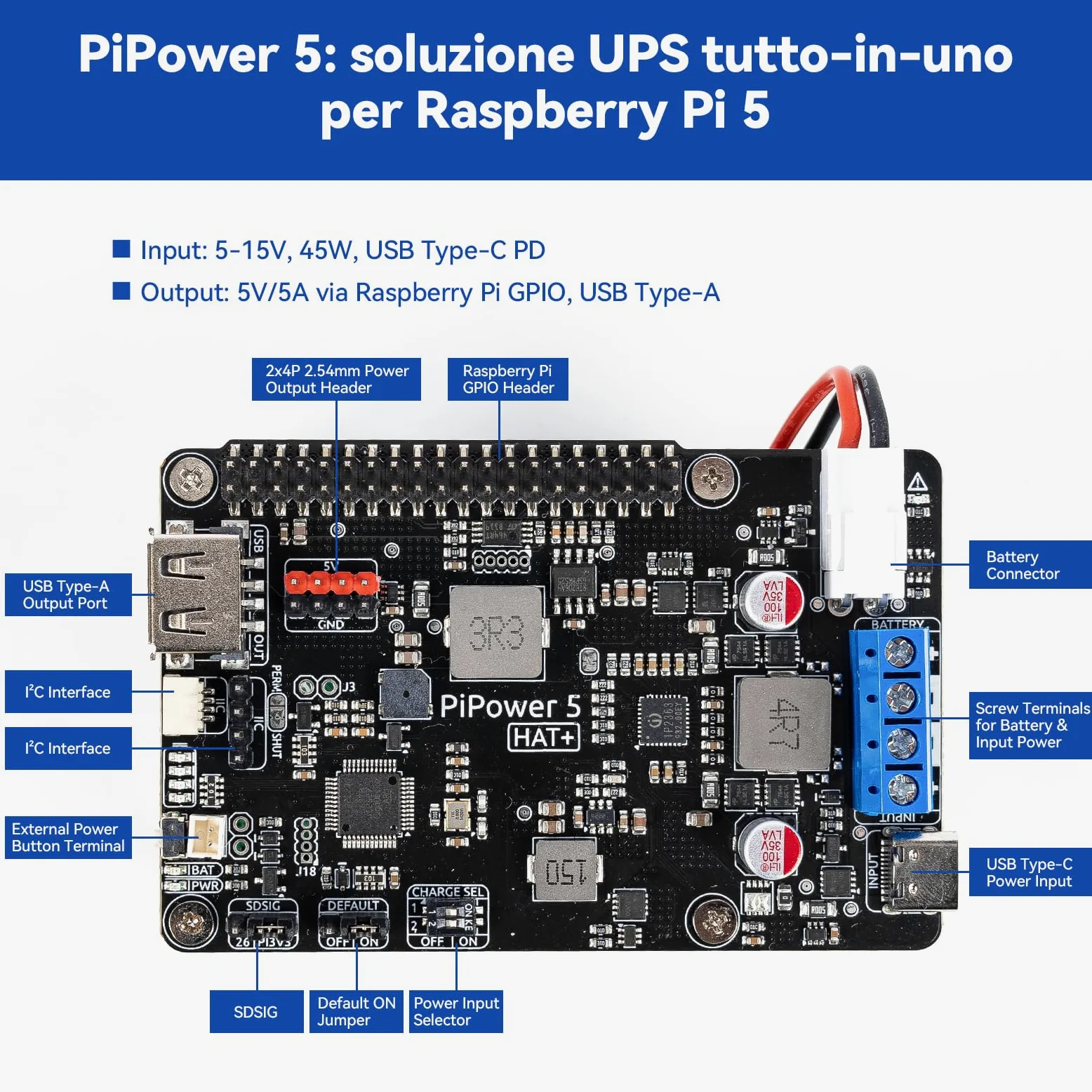 SunFounder PiPower 5 Alimentatore UPS HAT 5V/5A per Raspberry Pi 5/4B/3B+/Zero 2 W/Arduino/Pironman 5/Max/Mini, batteria ricaricabile, spegnimento sicuro, dashboard intelligente