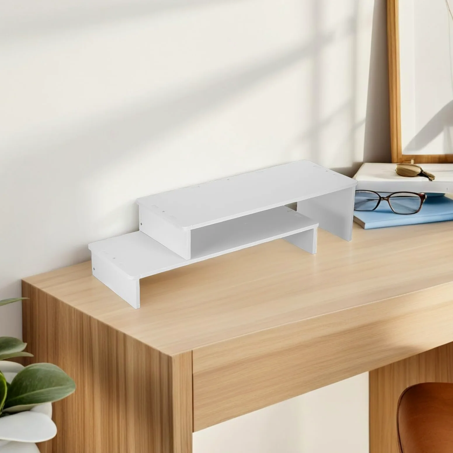 NUOBESTY Rialzo per Monitor Rustico Bianco a 2 Livelli in Legno Plastico | Ripiano Doppio, Superficie Rifinita, Uso su Scrivania Ufficio e Postazioni Gaming
