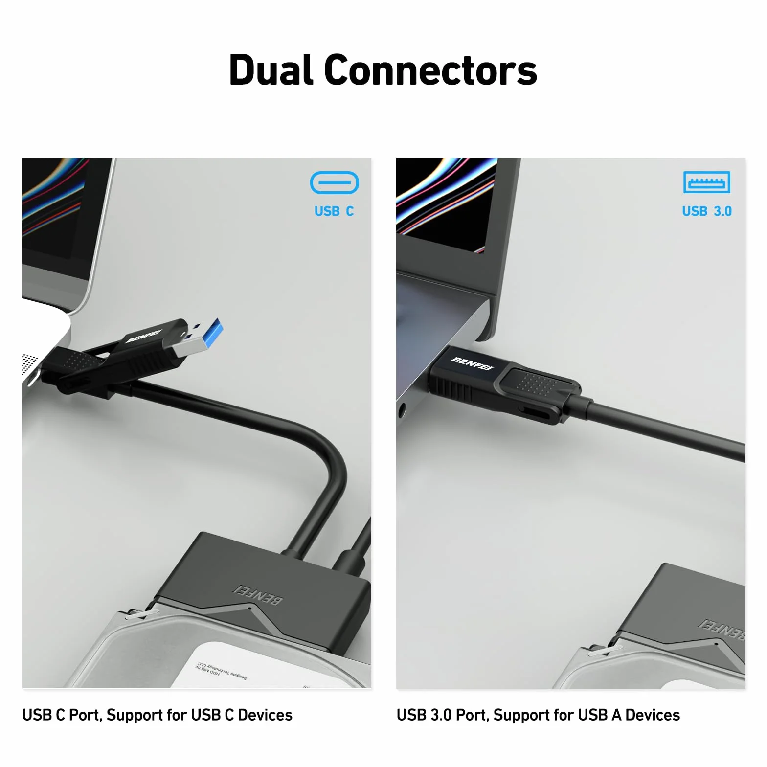 BENFEI Adattatore da USB 3.0 a SATA per HDD/SSD da 2,5"/3,5", 2-in-1 USB C/USB 3.0 a SATA III con adattatore di alimentazione 12V/2A