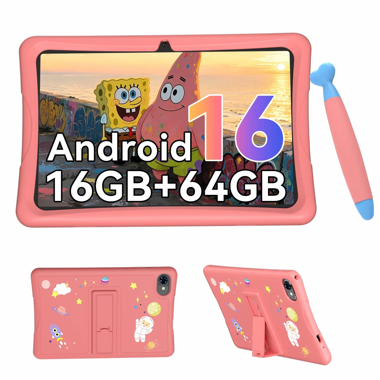 Tablet Bambini 10 Pollici, Android 16 Tablet per Bambini 3-12 Anni, 16GB RAM(4+12) + 64GB ROM, Controllo Genitori, GMS, 5000mAh, WiFi6, WidevineL1, con Custodia Anti-caduta e Penna, Garanzia di 4 anni