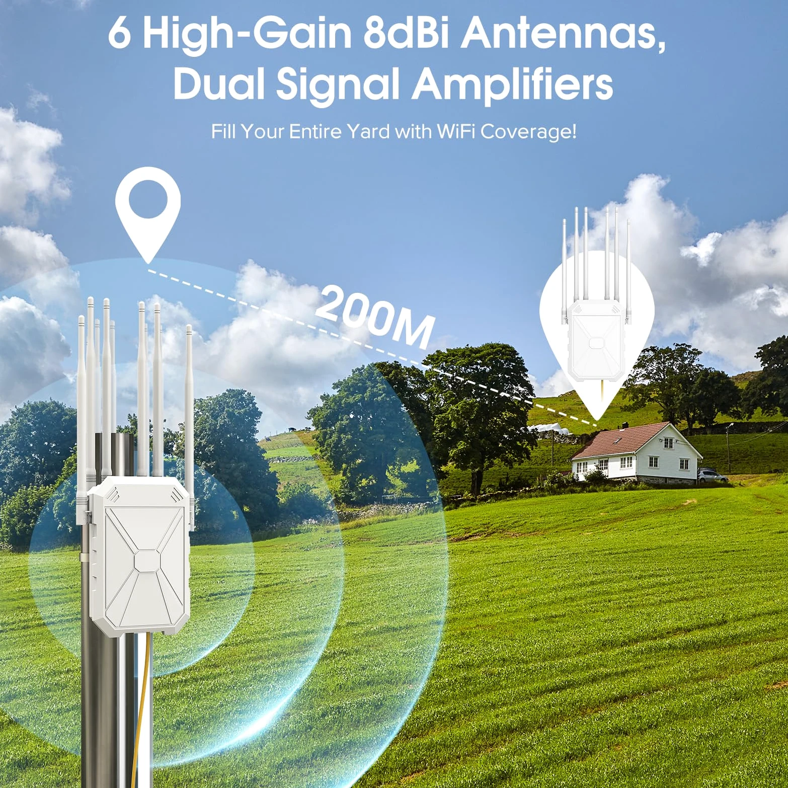 AX1800 Ripetitore WiFi Potente Esterno, 5GHz e 2,4GHz Amplificatore Wifi Con 6 Antenne, WiFi Extender, Resistente Agli Agenti Atmosferici IP67, Passivo PoE, Porta Gigabit Ethernet, Per Cortile
