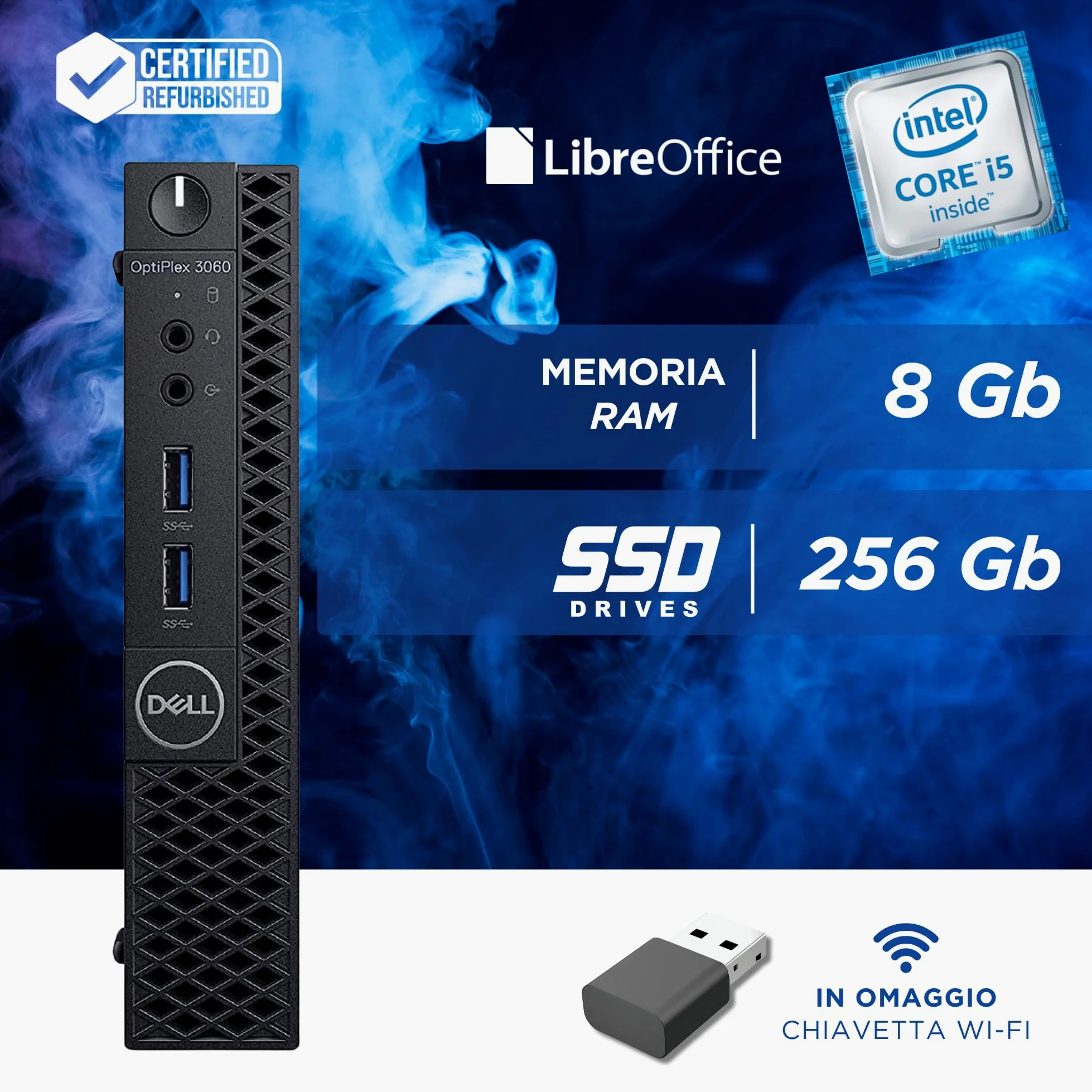 Dell OptiPlex 3060 Micro - Intel i5-8500T 6 Core 2.10 Ghz - Ram 8 GB SSD 256Gb - HDMI Disp Port - Mini Pc Pronto all'uso con Win 11 e Libre Office (Ricondizionato)