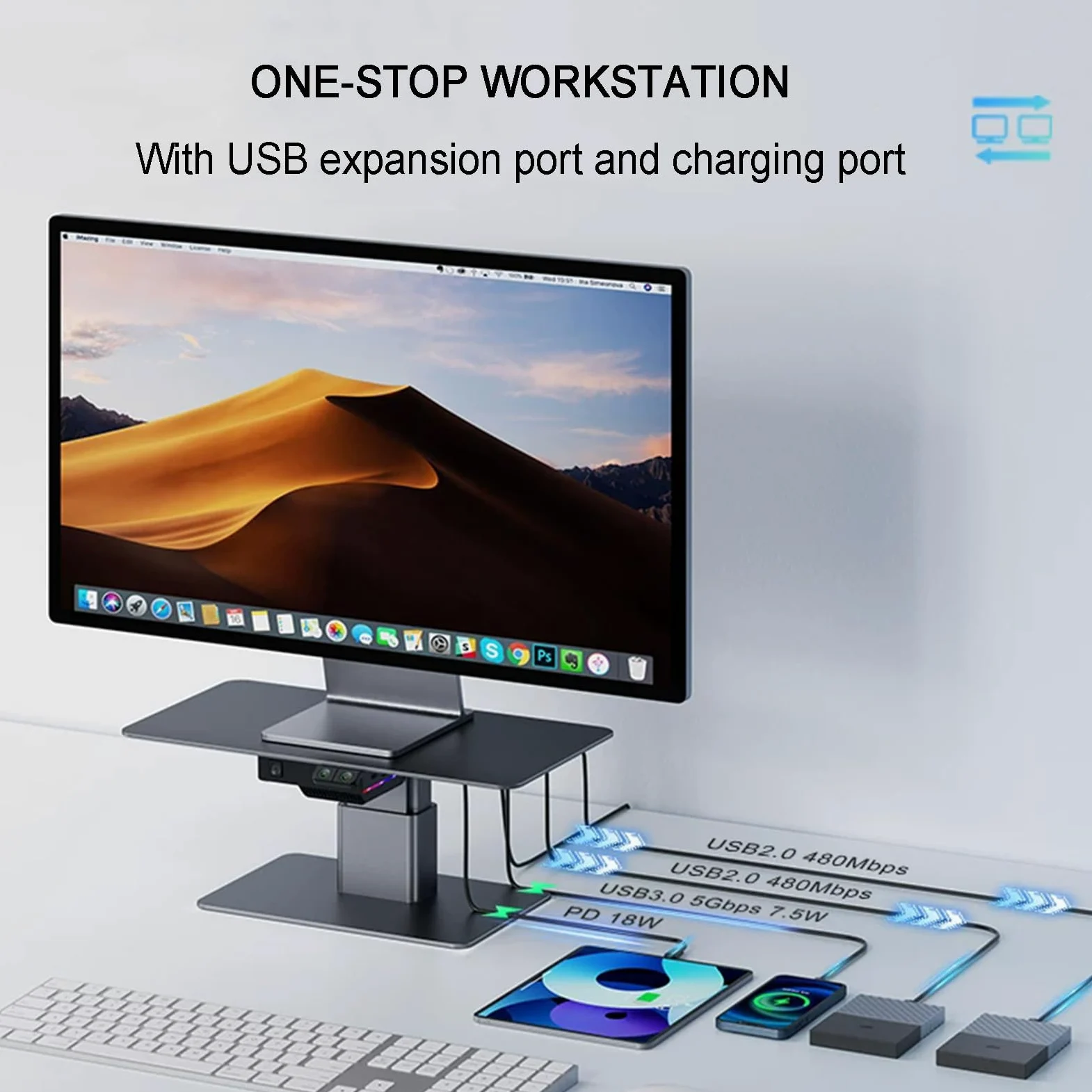 Supporto Rialzato per Monitor da Scrivania, Supporto per Computer in Alluminio Regolabile in Altezza con Hub USB 3.0, Illuminazione RGB, capacità di Carico 44 Libbre (20 kg) per Pc, Laptop