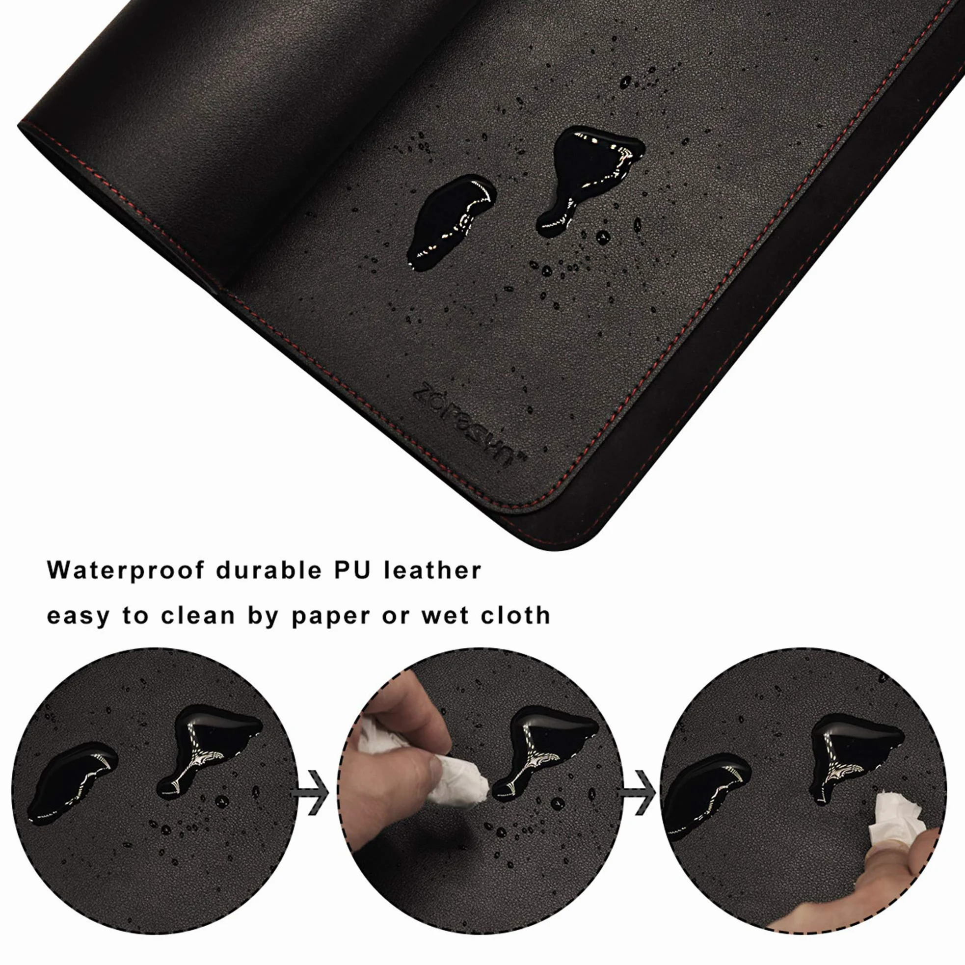 ZORESYN Tappetino per mouse da gaming - 140x40x0.2cm - Sottomano da Ufficio - Bordi cuciti, Base in Antiscivolo, Superficie in pelle PU, Adatto a Tastiere e Mouse, Computer e Portatili - Nero