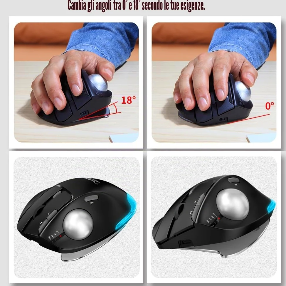 zelotes Mouse Trackball Bluetooth Wireless,Ricaricabile,4800DPI,8 Pulsanti,BT 5.0/3.0 + 2.4G,LED,Design Ergonomico,Mouse Senza Fili per PC,Laptop,Tablets,Nero