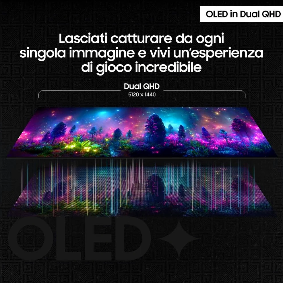 Samsung Monitor Gaming Odyssey OLED G9 (S49DG934), Curvo (1800R), 49'', 5120x1440 (DQHD), 32:9, HDR10+, QD-OLED Glare Free, 240Hz, 0,03ms (GtG), Compatibilità G-Sync, HDMI, Micro HDMI, DP