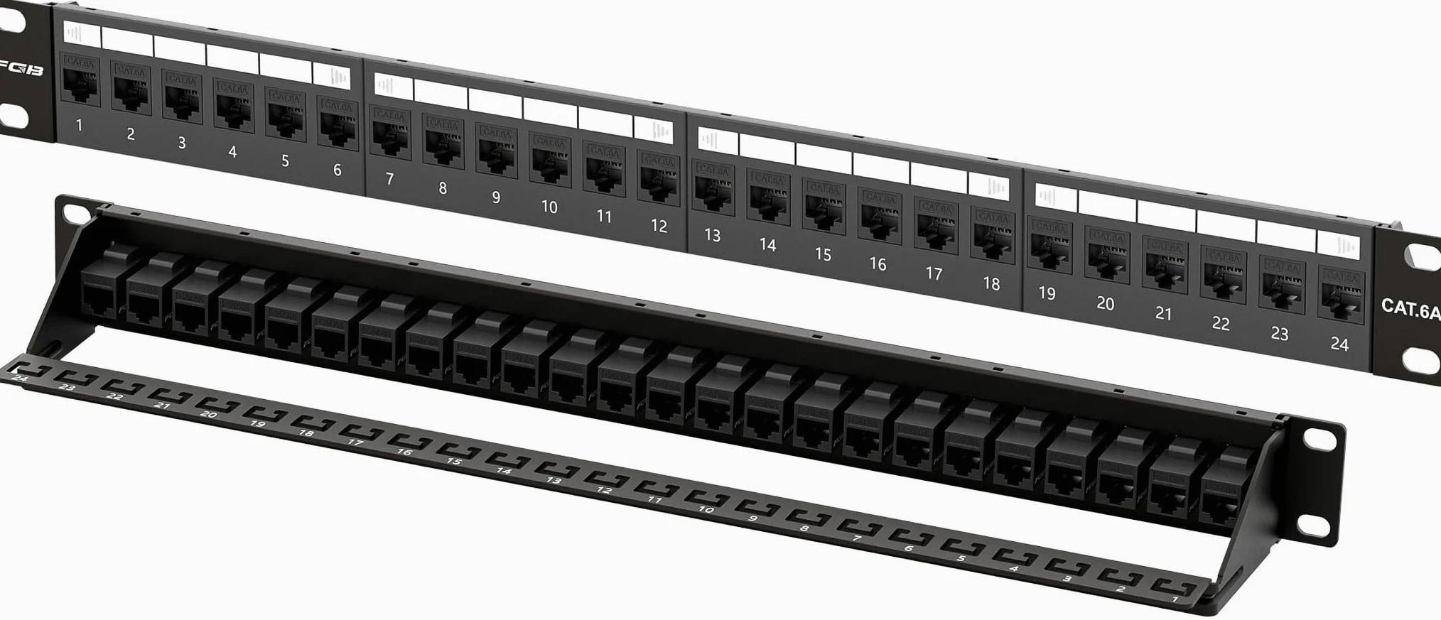 FGB Patch Panel da 10 Gbps a 24 porte, Patch Panel Cat6A 1U, montaggio a rack da 19 pollici o pannello patch Keystone per montaggio a parete con barra posteriore, pannello patch di rete per cablaggio