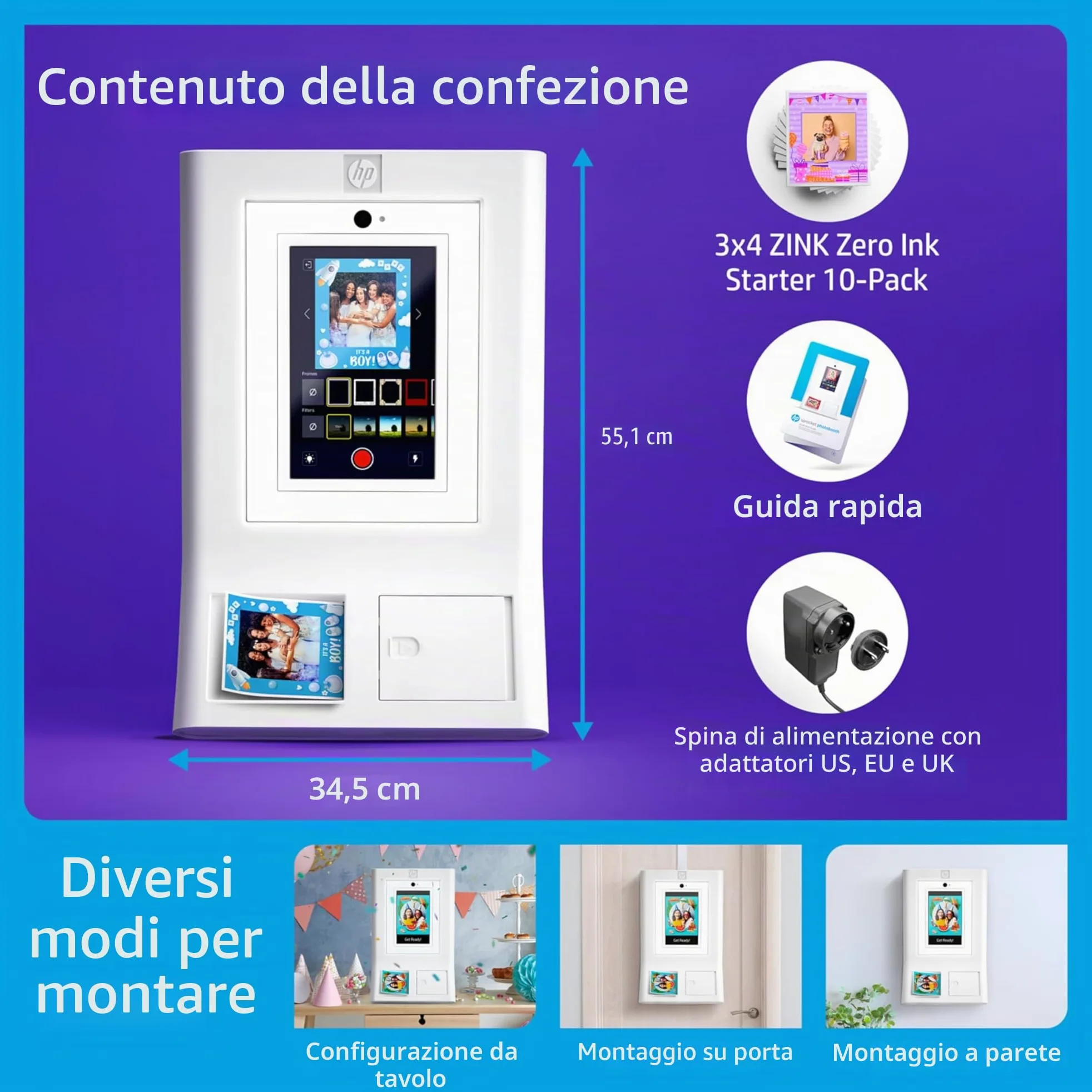HP Sprocket Macchina per Cabina Fotografica Stampante Fotografica a Colori Istantanea (Bianca) Pacchetto Iniziale + Carta Zink (100 Fogli) + Custodia Imbottita