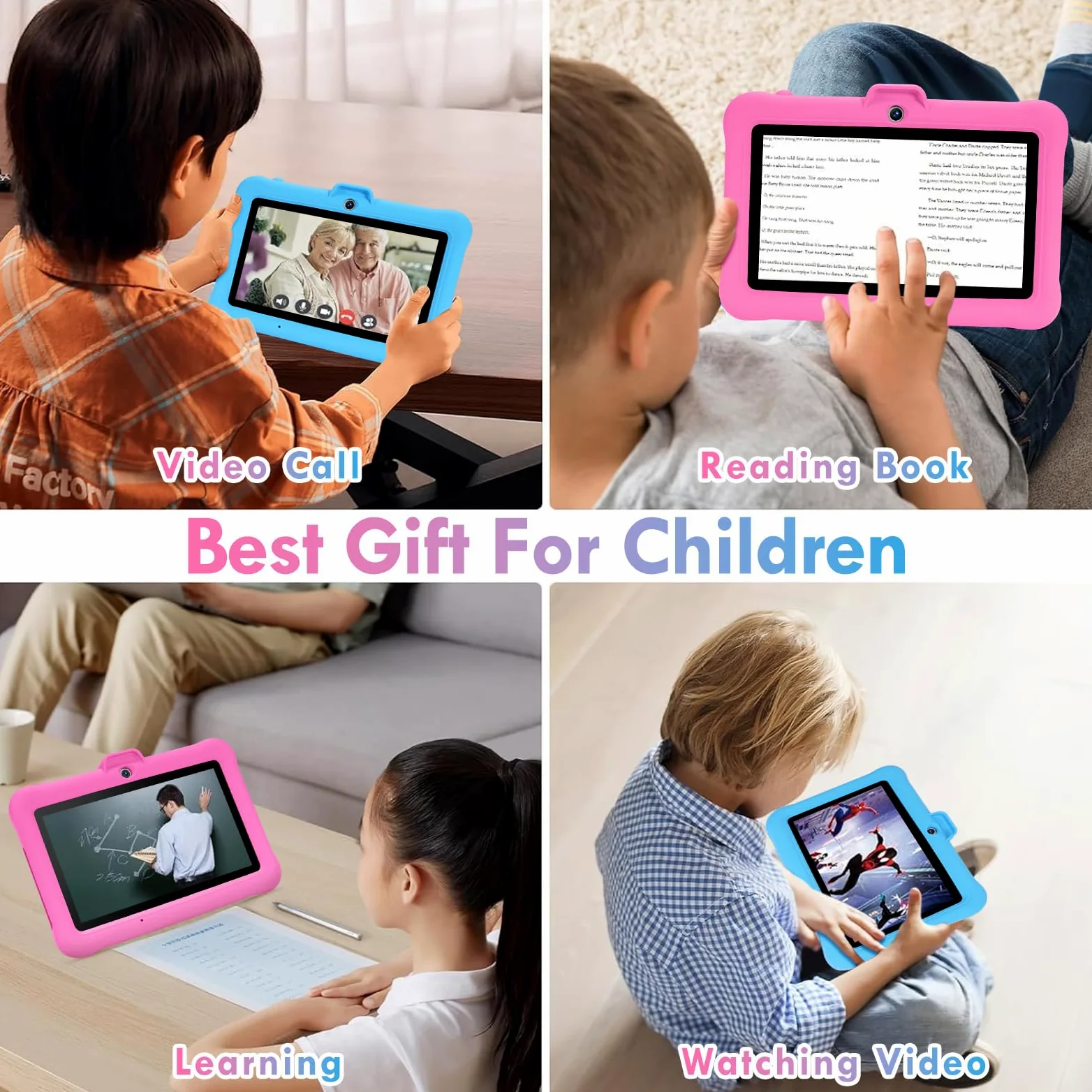 Tablet Bambini 7 Pollici Android, RAM 8 (3+5) GB, ROM 64 GB (TF 128 GB), GMS Certified, Apps Preinstallato, Educativo, Controllo Parentale, WiFi, Kid-Proof Custodia con Supporto Regolabile