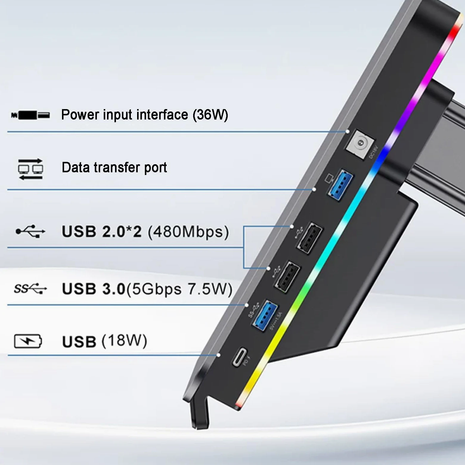 Supporto Rialzato per Monitor da Scrivania, Supporto per Computer in Alluminio Regolabile in Altezza con Hub USB 3.0, Illuminazione RGB, capacità di Carico 44 Libbre (20 kg) per Pc, Laptop