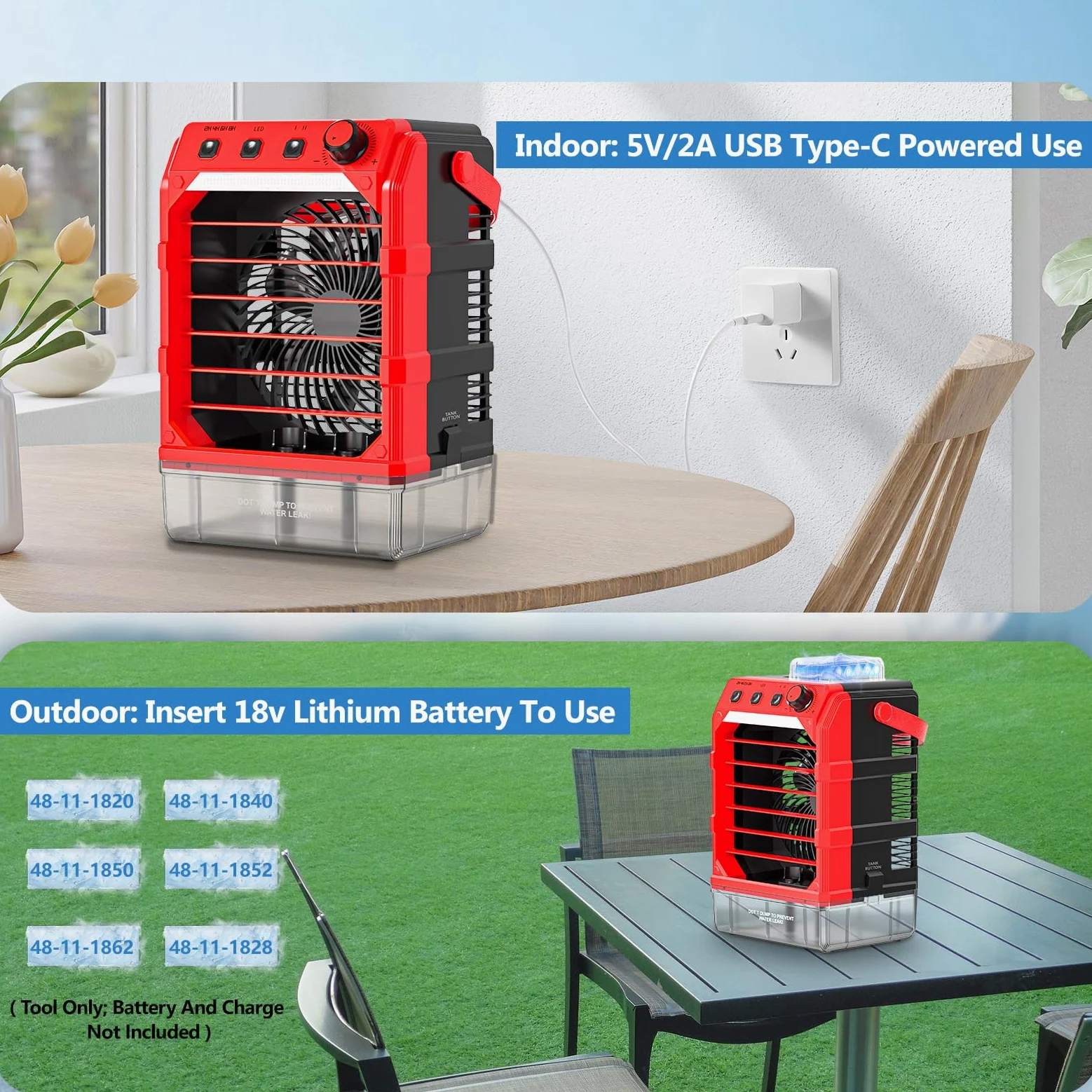 Ventilatore nebulizzatore portatile compatibile per batteria milwaukee da 18 V (senza batteria) o alimentato tramite USB, ventola di raffreddamento per camera da letto con 7 luci, timer 8H, serbatoio