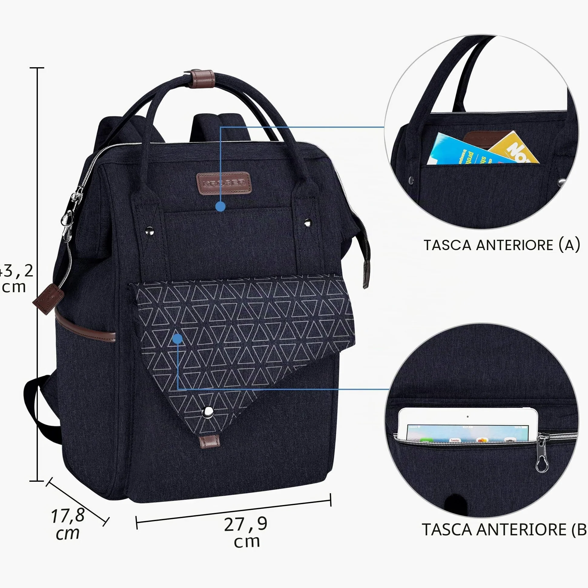 KROSER Zaino per computer portatile da 15,6 pollici, elegante, con porta | Zaino per computer portatile da 15,6 pollici impermeabile, per università borsa da lavoro per donne/uomini, blu scuro