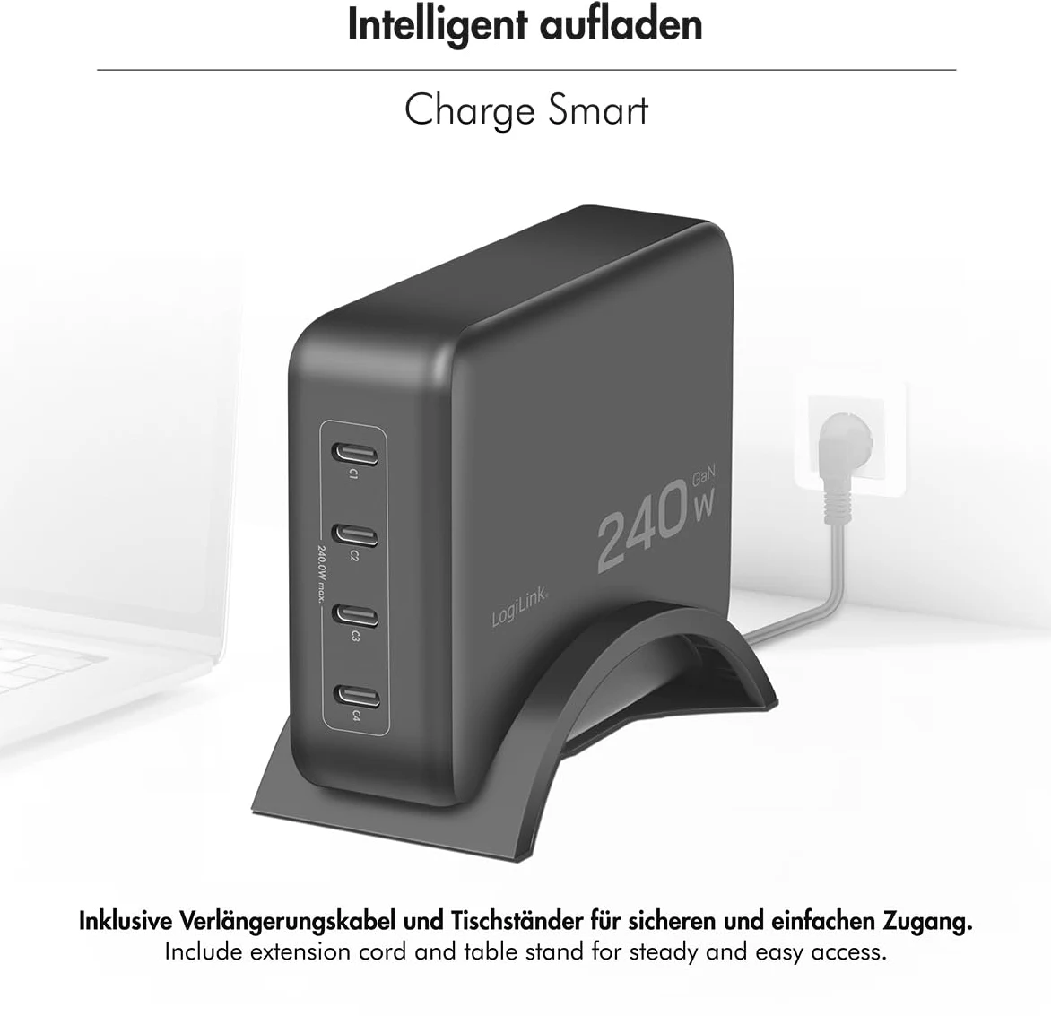 LogiLink PA0353 - Caricatore intelligente GaN (nitruro di gallio) 240 W, 4 x USB-C PD 3.1 (PowerDelivery)