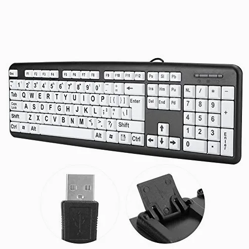 banapoy Tastiera per Computer con Stampa Grande, Tastiera USB Cablata Full Size a 104 Tasti con Tasti Bianchi con Stampa Grande per Anziani Ipovedenti Ipovedenti(Nero)