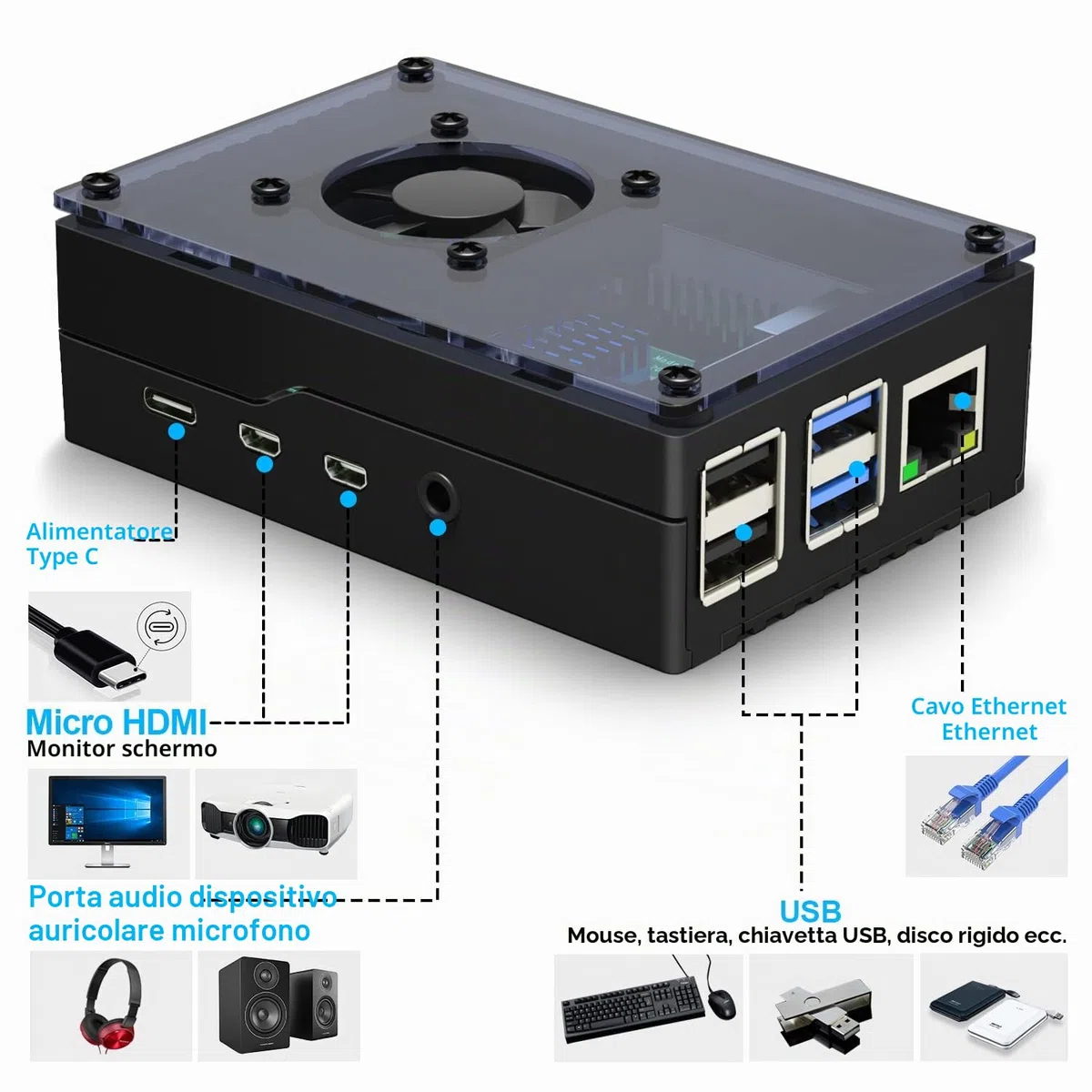 Miuzei Custodia per Raspberry Pi 4 Modello B con Ventola 35mm e Grande Dissipatore di Calore 15mm - Alimentatore USB-C 5V 3A con Interruttore On/Off - Compatibile con Pi 4B, 8GB/4GB/2GB