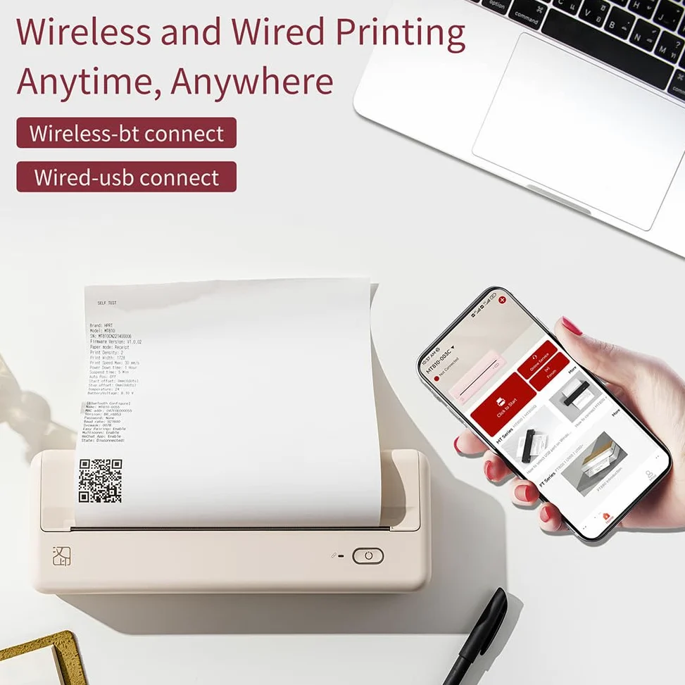 Stampante termica portatile wireless, stampante compatta da viaggio per casa e ufficio, stampante A4 senza inchiostro, supporta carta da 210 mm/110 mm, per la scuola e la stampa quotidiana