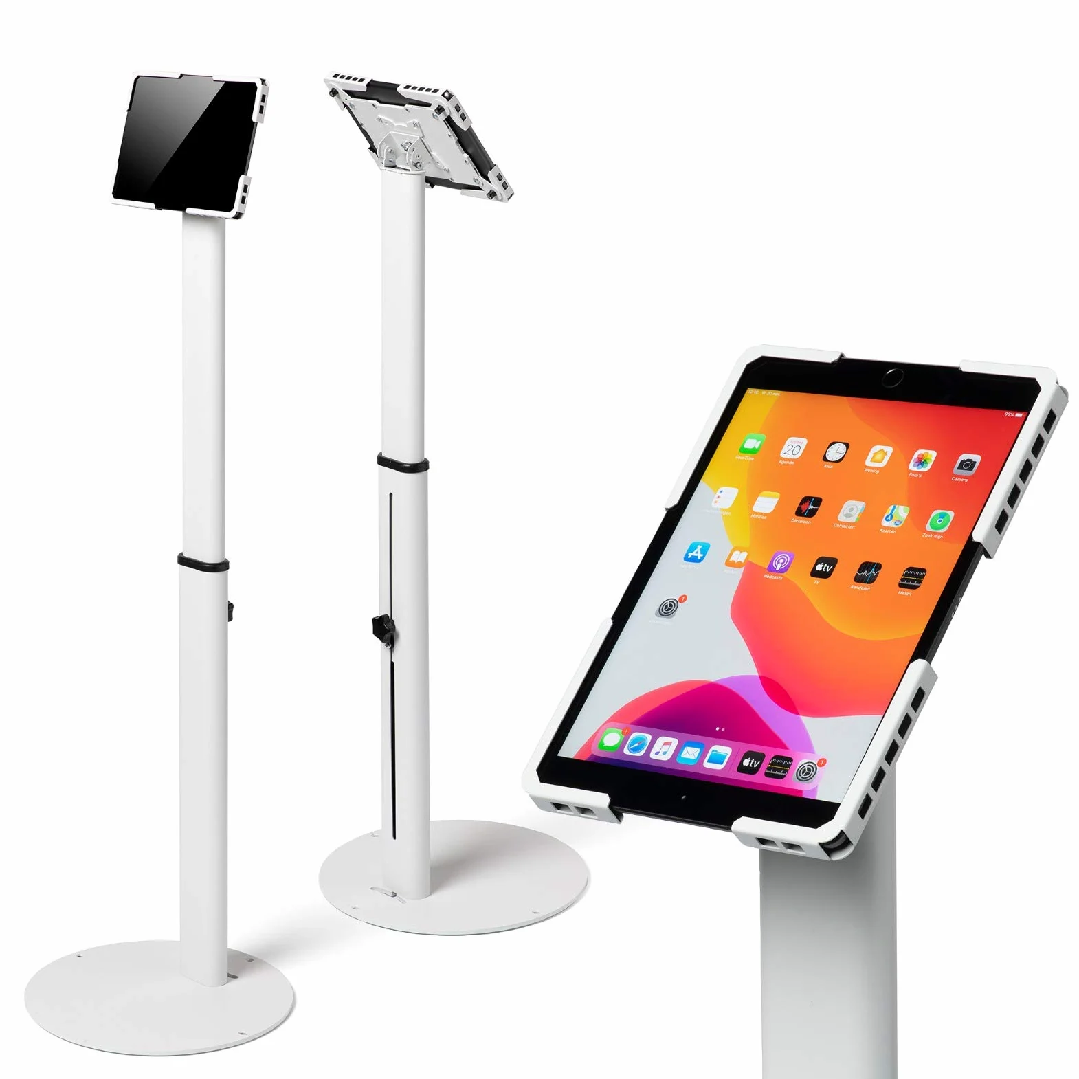 Supporto da pavimento universale per tablet regolabile 70–120 cm – per iPad e tablet 10–13 pollici – girevole, inclinabile, base stabile in metallo, gestione cavi, bianco