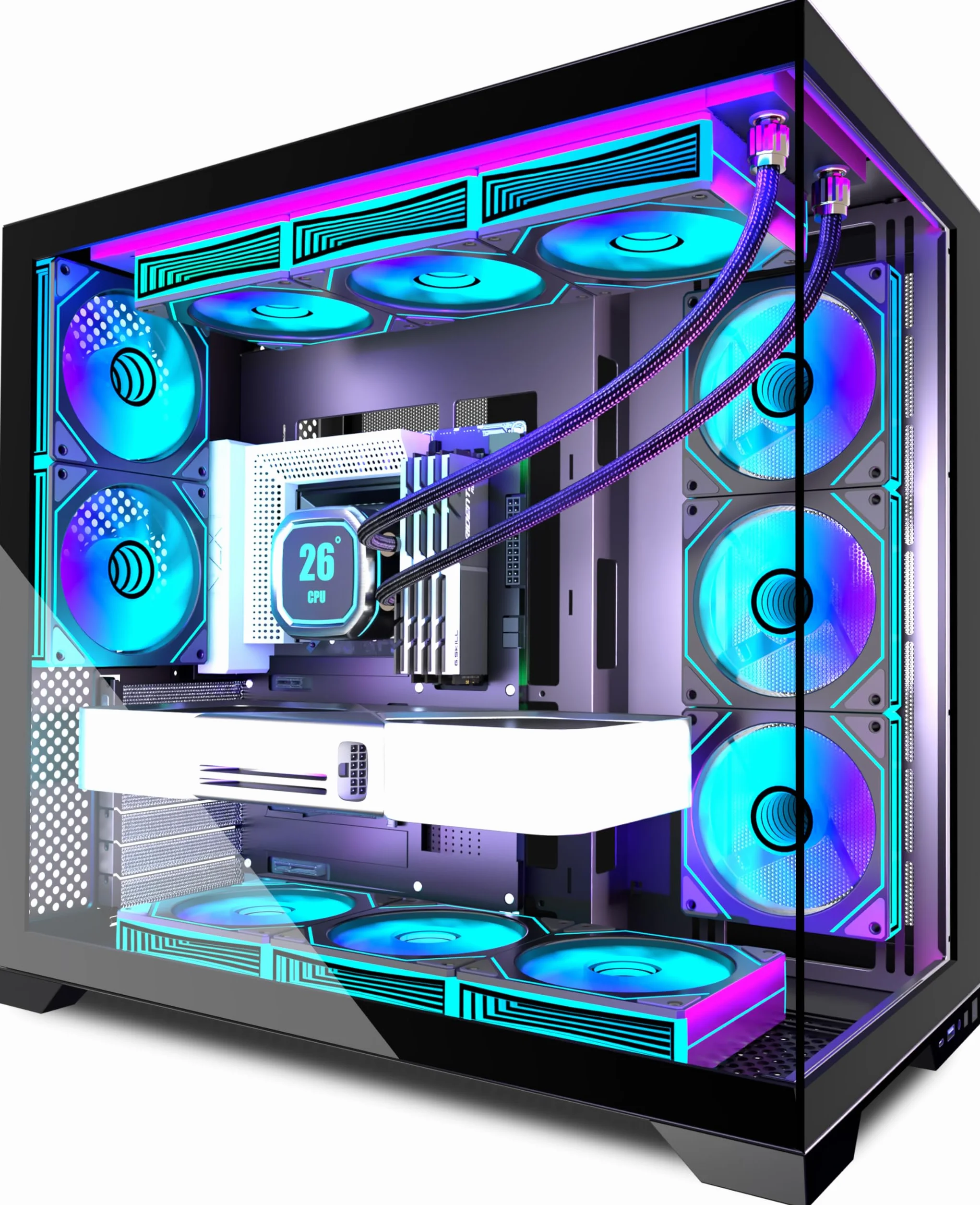 ANSAITE CASE PC ATX 9 ventole PWM ARGB preinstallate, case per PC da gioco Mid-Tower, case per computer in vetro temperato panoramico con Type-C, supporto per radiatore da 360 mm, nero
