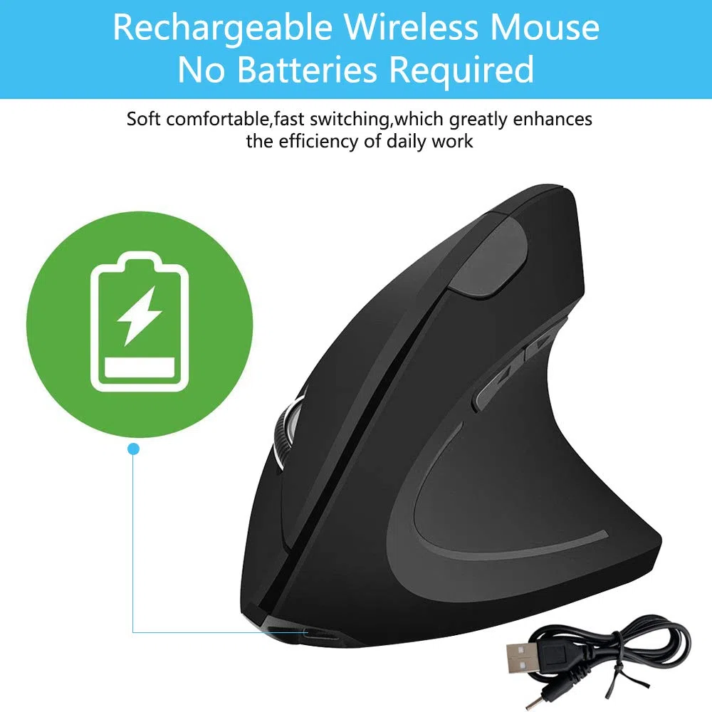 Mouse Verticale Ergonomico Wireless USB Ricaricabile Ottico 2.4G ad Alta Precisione Adjustable 800/1200/1600 DPI, 5 Pulsanti Per PC/Laptop/Mac