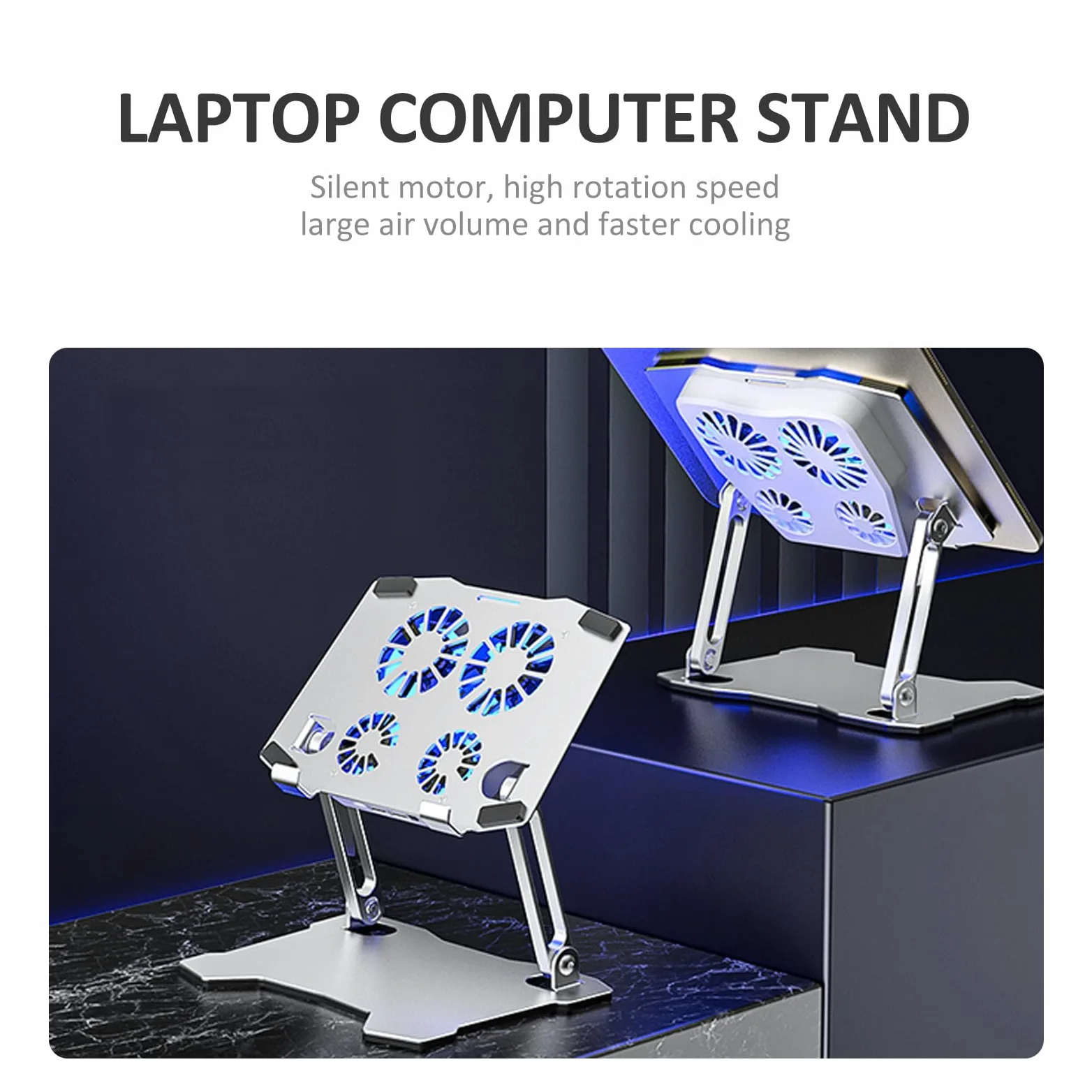 SHINEOFI Supporto per Laptop Regolabile in Altezza e Angolo 4 Ventole di Raffreddamento Silenziose, Struttura in Metallo Argento per Ufficio e Casa