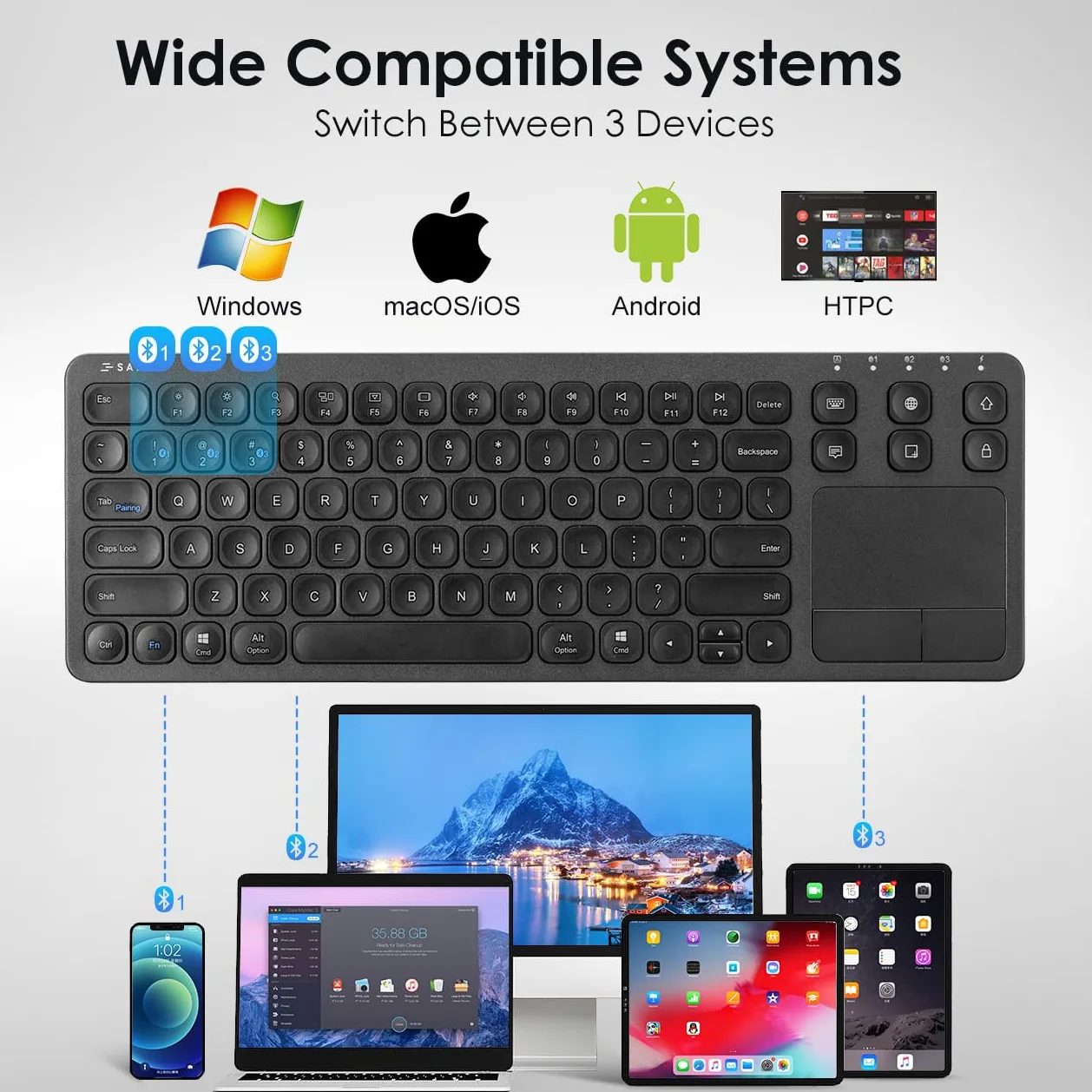 SANWA Tastiera Bluetooth con Trackpad, Tastiera HTPC 3 Dispositivi, Nero | Tastiera touchpad wireless, controllo multimediale, QWERTY, tasti a forbice, tastiera portatile per PC/laptop/tablet, Win/Mac