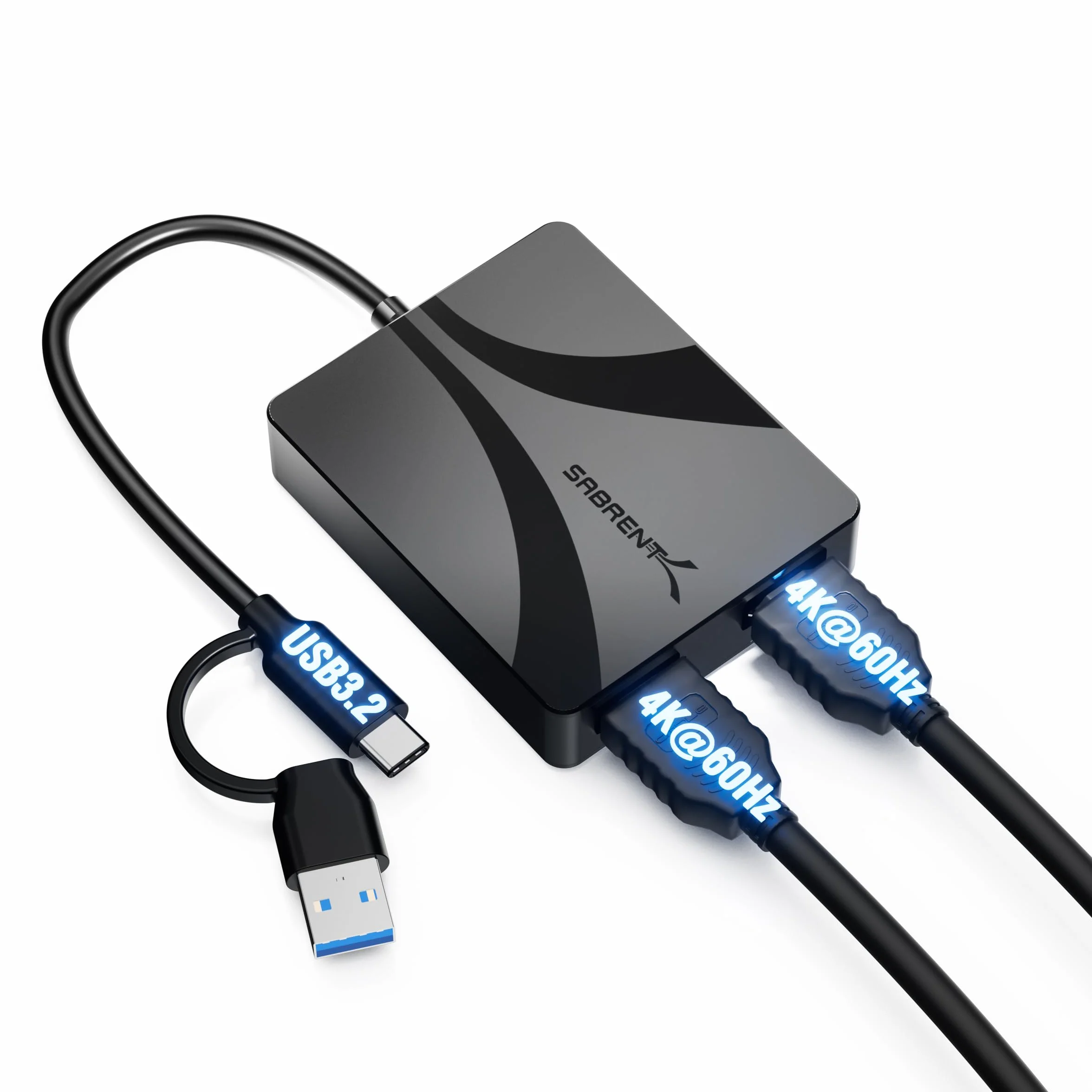 SABRENT Adattatore da USB tipo C/A a doppio HDMI, 4K a 60Hz, modalità estesa e specchio, compatibile con Alt Mode + DisplayLink, audio stereo/5.1, supporto HDCP, alloggiamento in alluminio, Plug