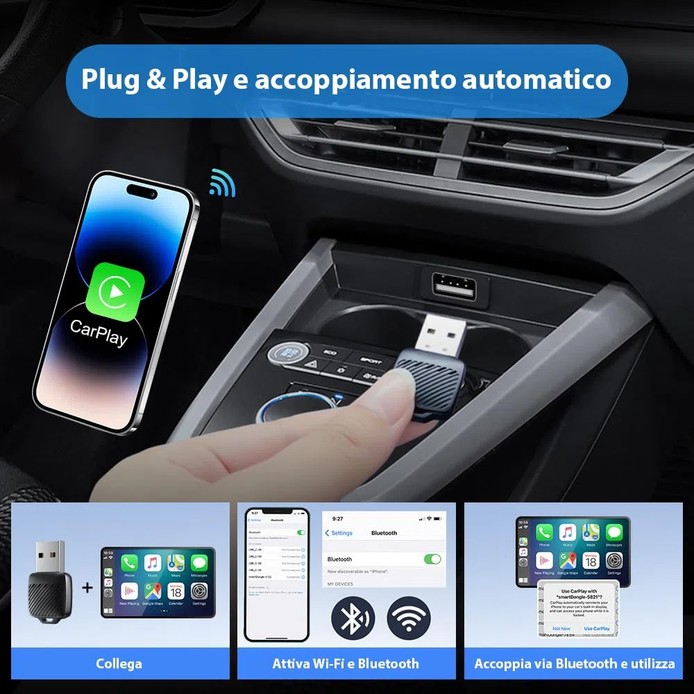 Adattatore wireless 2 in 1 per auto CarPlay e Android, mini dongle Plug & Play con USB-A e USB-C, converte CarPlay cablato in wireless, compatibile con iPhone e Android, Cars 2016+