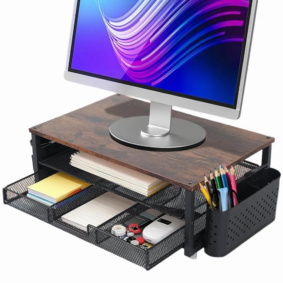 Supporto da scrivania per monitor, organizer da scrivania con 2 portapenne, cassetto, supporto ergonomico da tavolo, accessori da ufficio per schermo e laptop