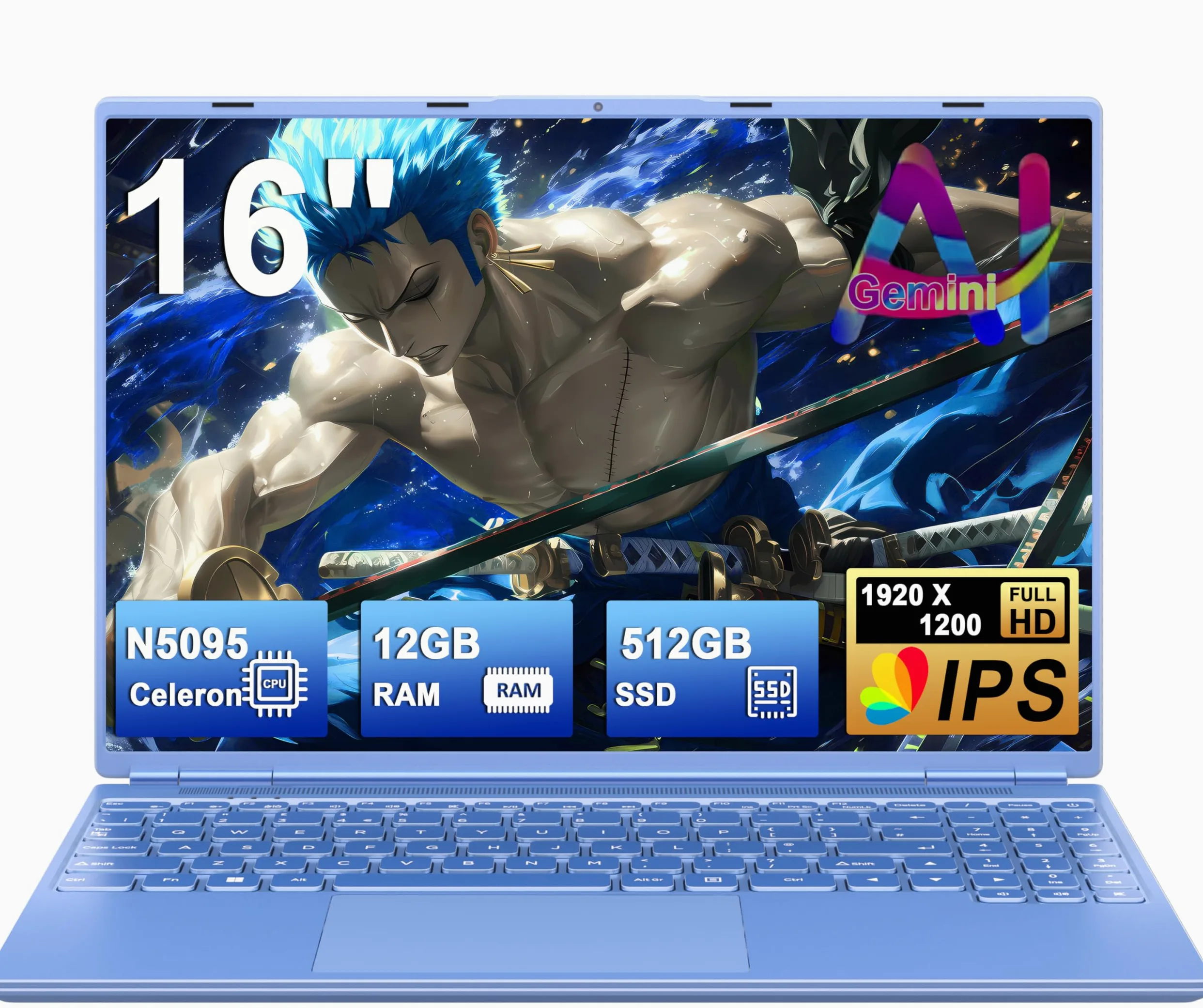 NOTODD Computer Portatile Gaming 16'' 12+512 GB SSD Supporto Estensione 1TB | PC portatile 1920x1200 PC portatile Celeron N5095 (fino a 2,9 GHz) Laptop con tipo-C Mini HDMI AZERTY Tastiera Copertina-Blu