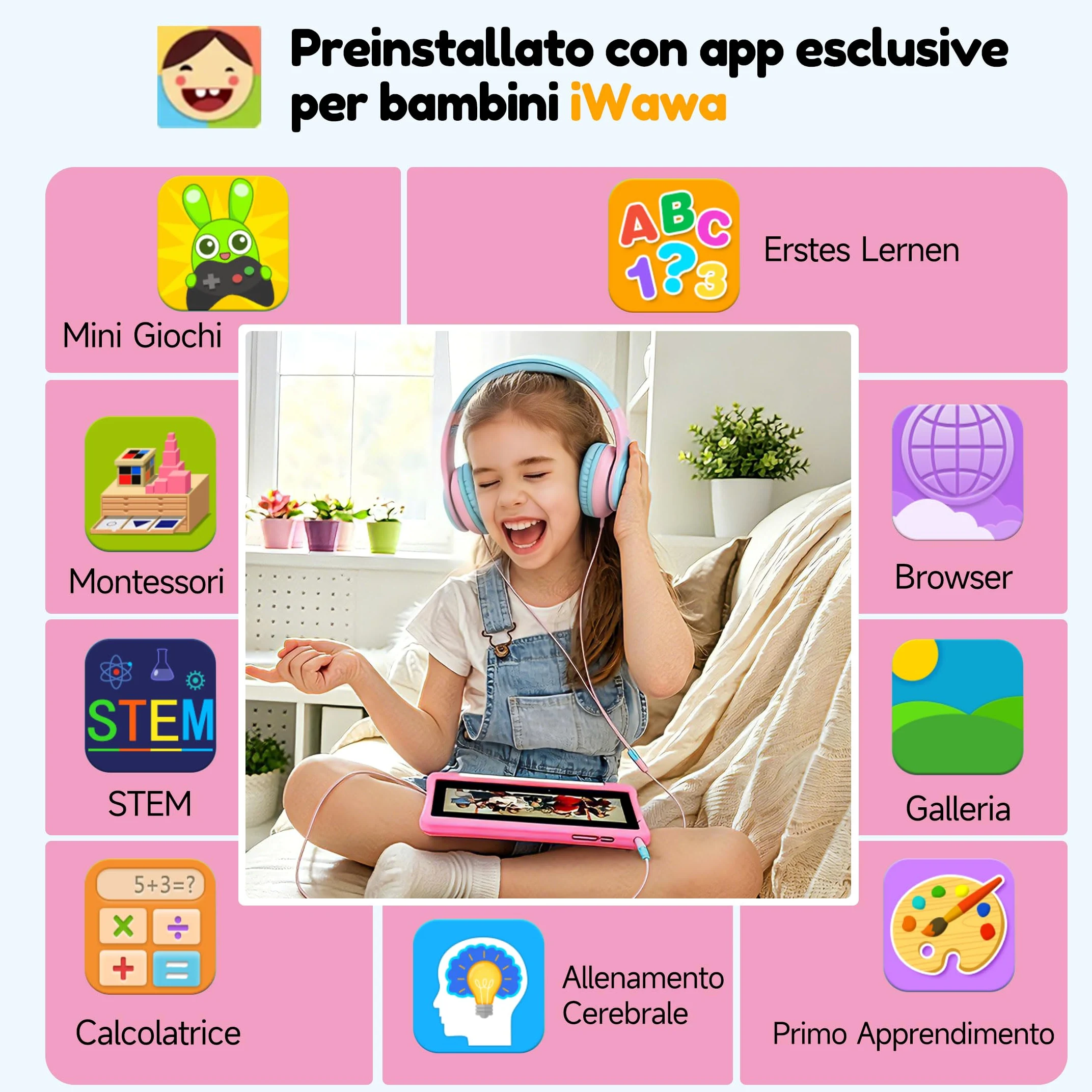 ALLDOCUBE Kido Tablet Per Bambini 8 Pollici, Android 15 Go, 32GB ROM, Rosa | Controllo Parentale, iWaWa preinstallato, 512GB TF, Unisoc T310, 5000mAh, 2 Altoparlanti, Jack 3,5mm, Cover Anticaduta