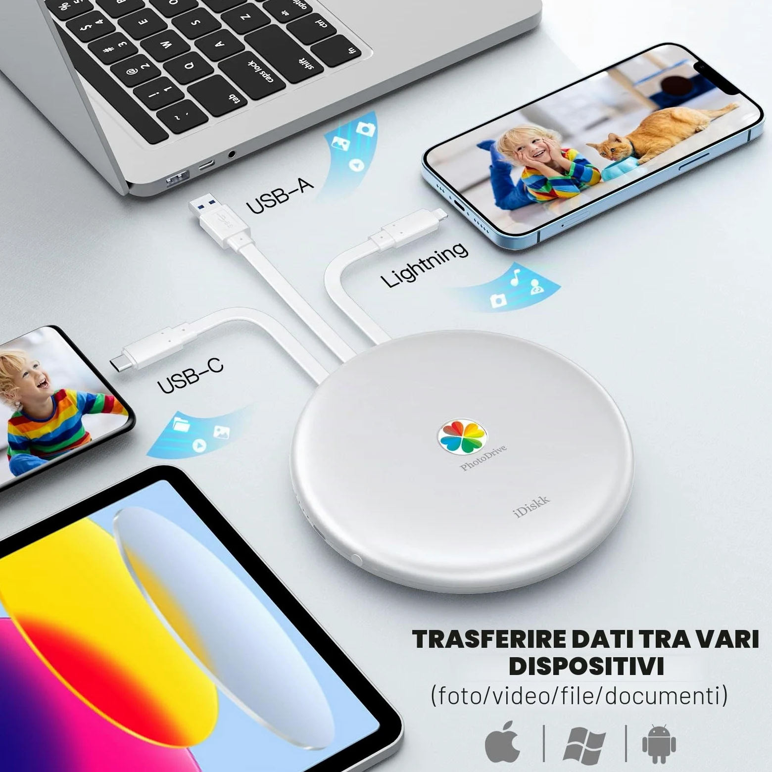 iDiskk (AGGIORNATO) Disco rigido esterno 2 TB per iPhone, disco rigido Lightning certificato MFi, cavo HDD 3 IN 1 integrato per iPhone/iPad/telefoni Android USB-C/PC/Mac, archiviazione iPhone