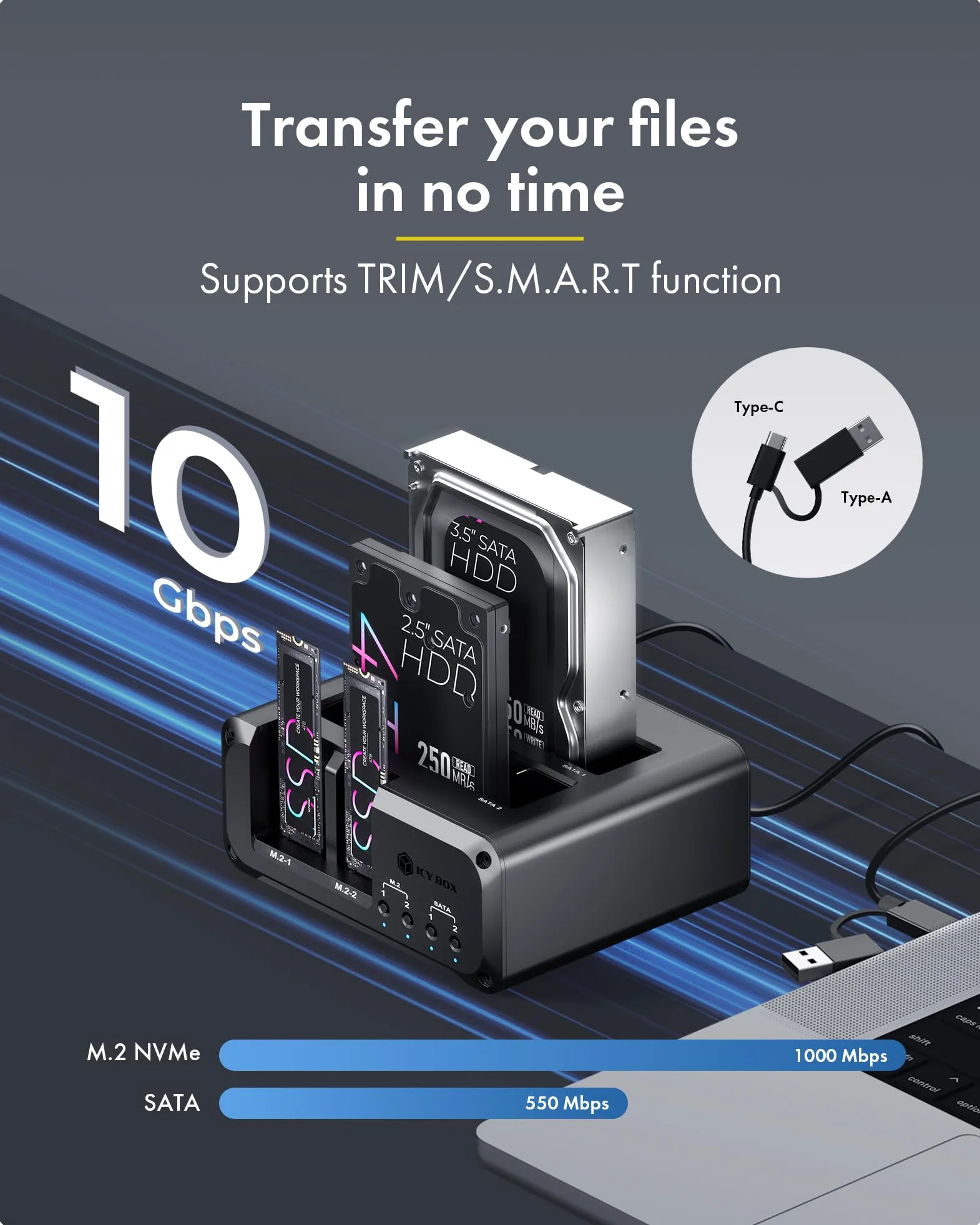 Docking station per dischi rigidi NVMe M.2 e SATA SSD/HDD a 4 alloggiamenti, lettore ICY BOX USB-C 10Gbps NVMe, SATA a M.2 NVMe, docking station per disco rigido 2.5/3.5 fino a 48 TB, interruttori di