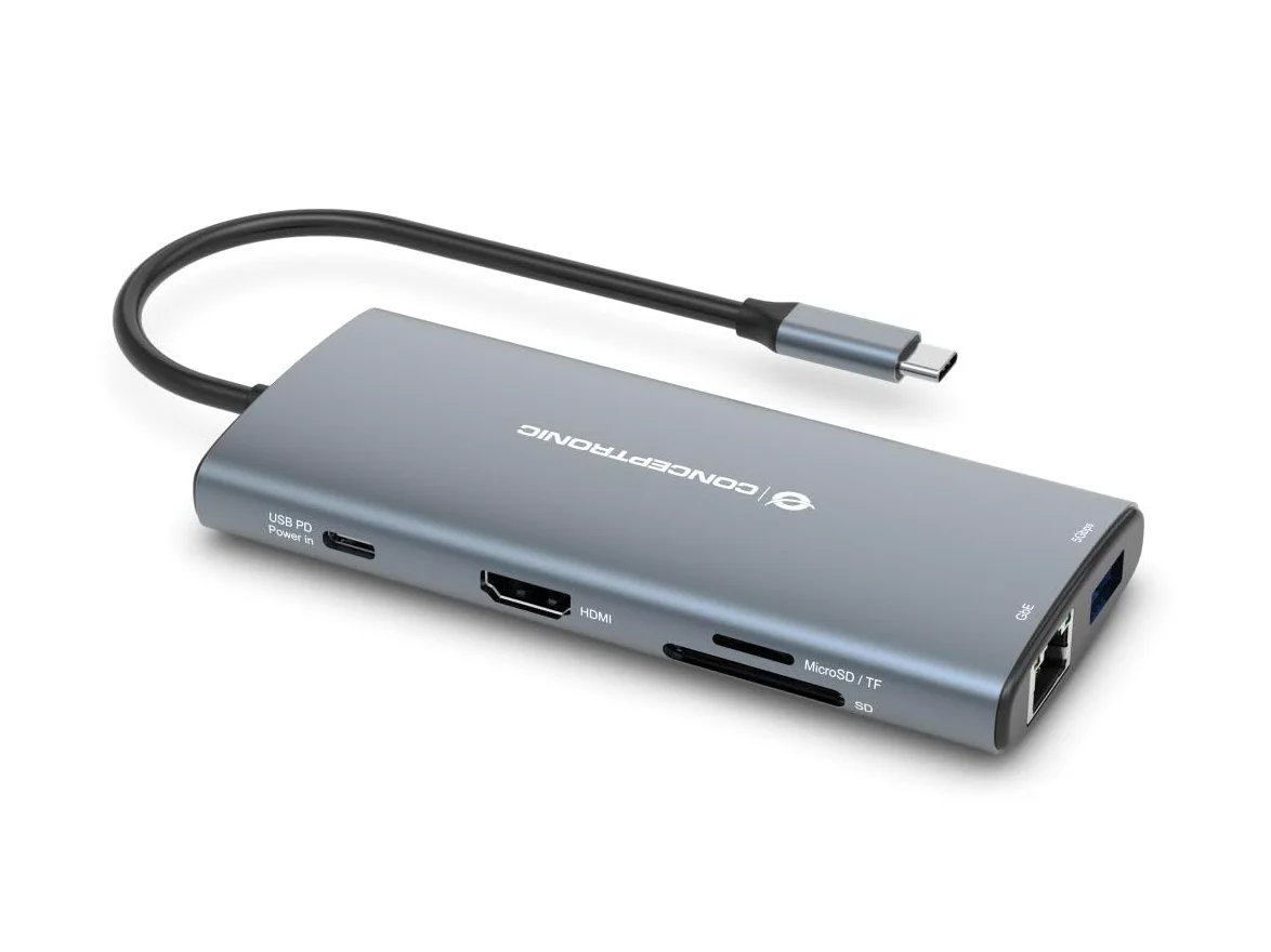CONCEPTRONIC DONN06G 10 in 1 USB 3.2 Gen 1 Docking Station, HDMI, 100 W USB PD, USB-C 5 Gbps x 2, USB-A 5 Gbps x 3, SD, TF/MicroSD, GbE