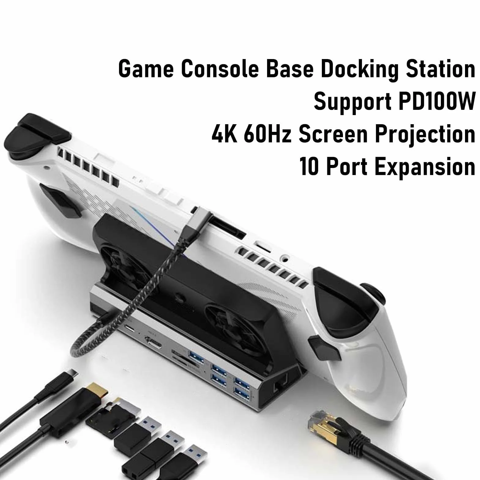 Docking Station per Console di Gioco Portatile, Hub USB C 10 in 1 con 4K 2.0, Gigabit Ethernet, Ricarica PD da 100 W, 5 Porte USB e Doppie Ventole di Raffreddamento, Compatibile