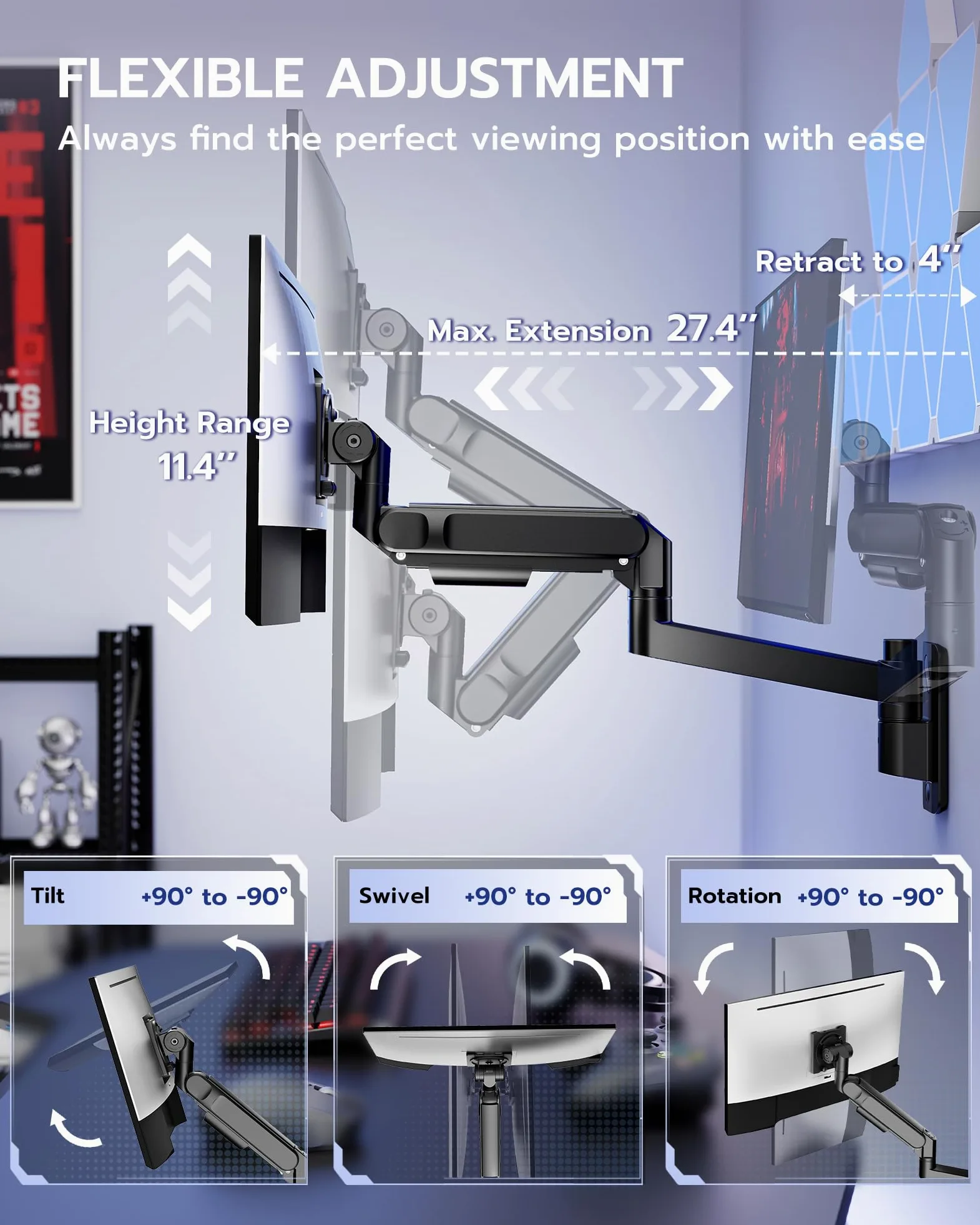 ARES WING Supporto da parete per monitor da 24 – 57 pollici, schermo LED/LCD/TV fino a 27 kg, molla a gas, supporto da parete, inclinabile, orientabile VESA 75/100, supporto per monitor per ufficio e