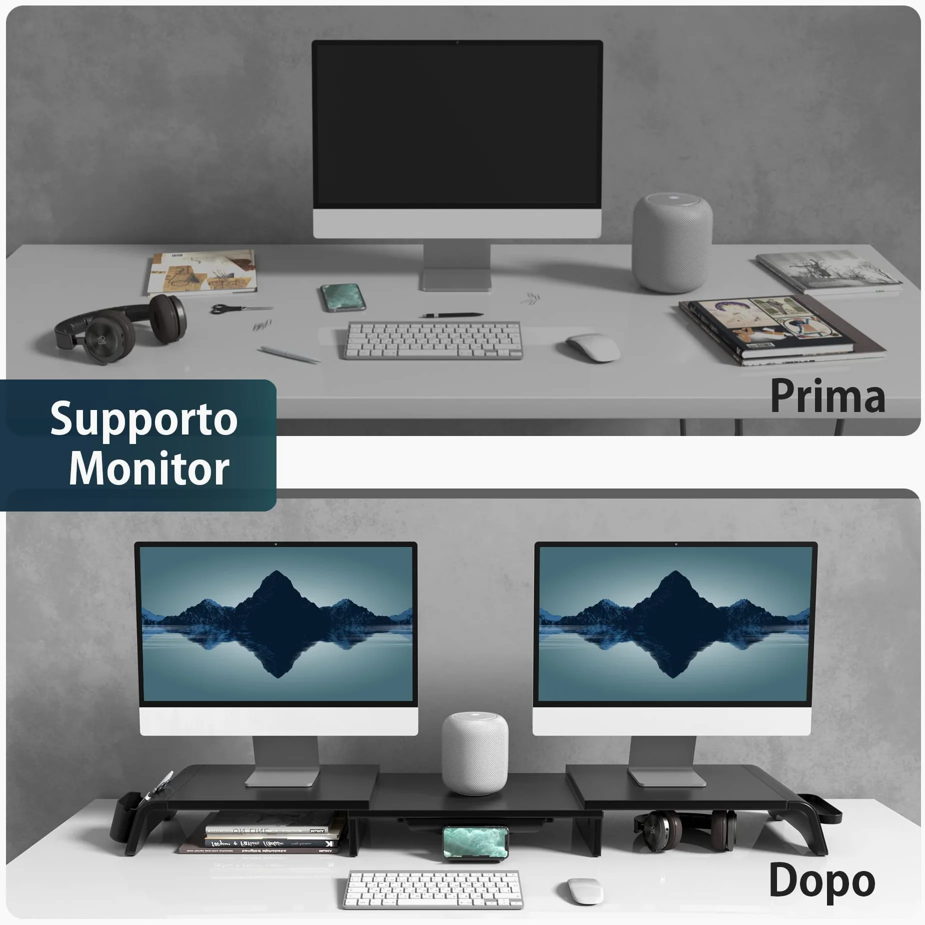 Fenge Supporto Monitor Regolabile in Lunghezza e Angolazione per 2 Monitor Supporto per Monitor in Legno con Cassetto, Scatole Di Stoccaggio Mobili 74-107x 23,5x 8,9cm Nero G04B1102B