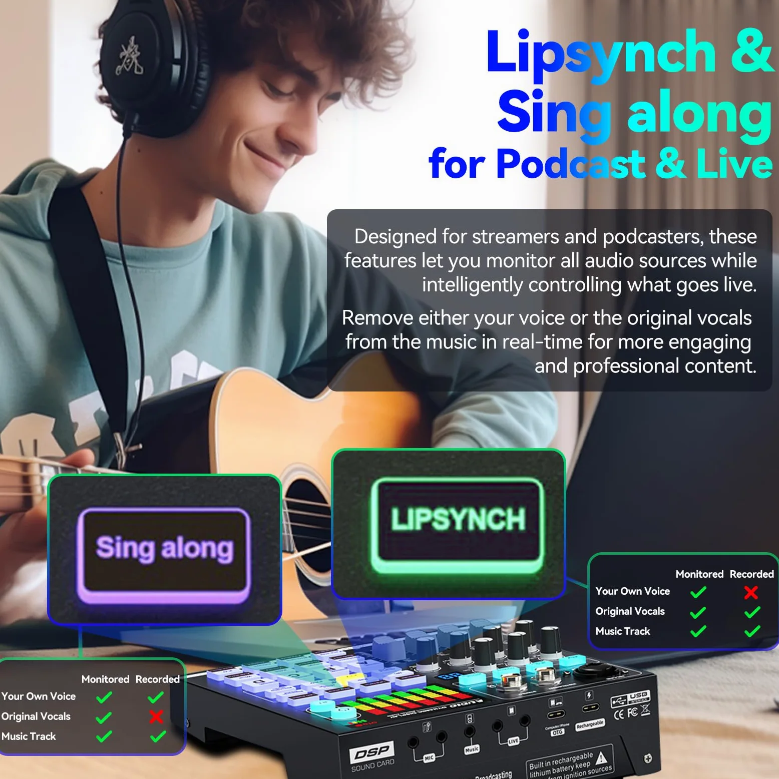 Scheda audio, mixer audio DJ con DSP, ingresso XLR, batteria integrata, scheda effetti sonori per live streaming, podcasting