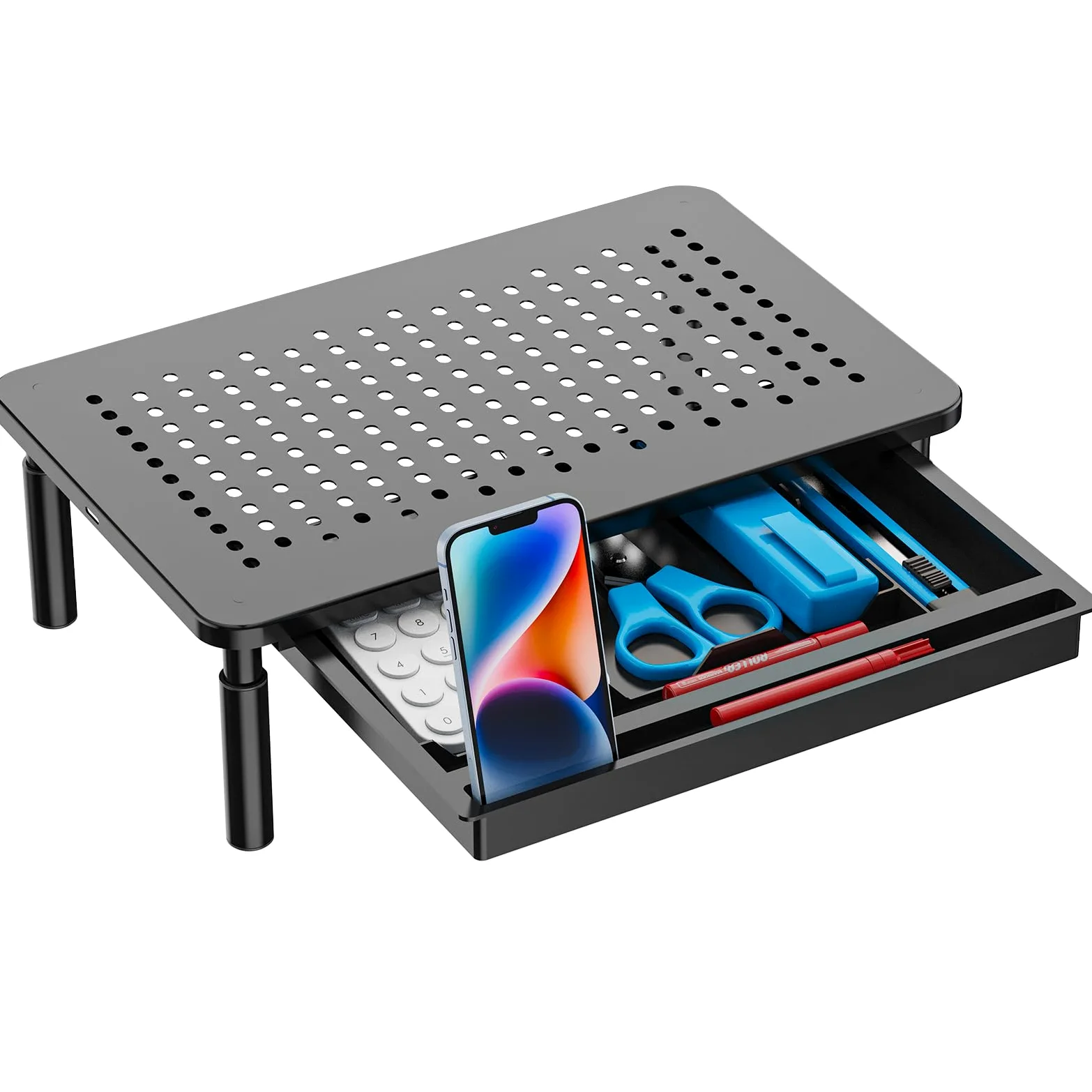 WALI Supporto per monitor del computer con contenitore, regolabile in altezza a 3 livelli, per laptop con prese d'aria, organizer da scrivania per computer, laptop, stampanti, notebook (STT003D-B),