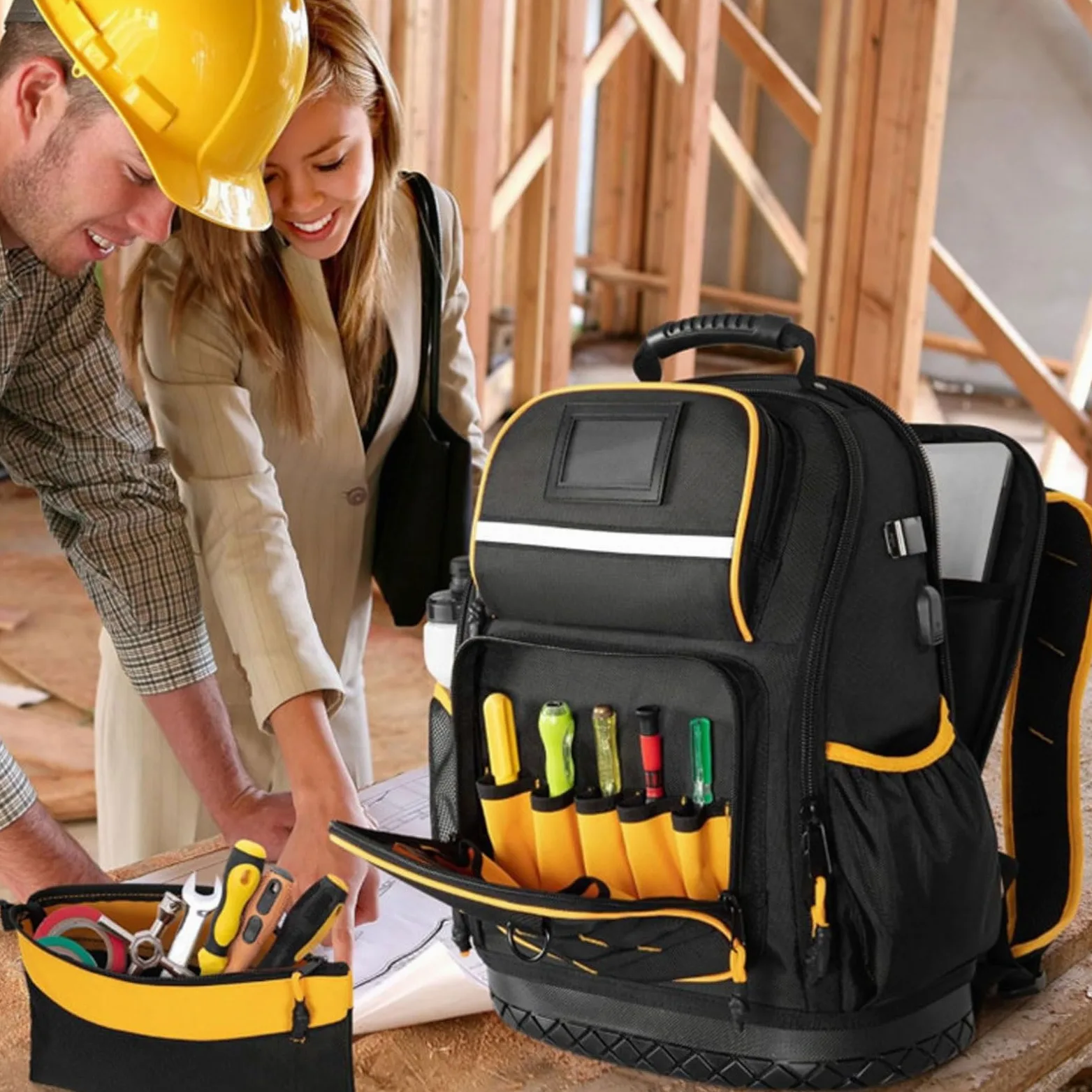 Changor Zaino Portautensili in Tessuto Oxford Resistente con Custodia Imbottita per Laptop, Design con Fondo Rigido per Elettricisti, Spazio per Laptop da 15,6".
