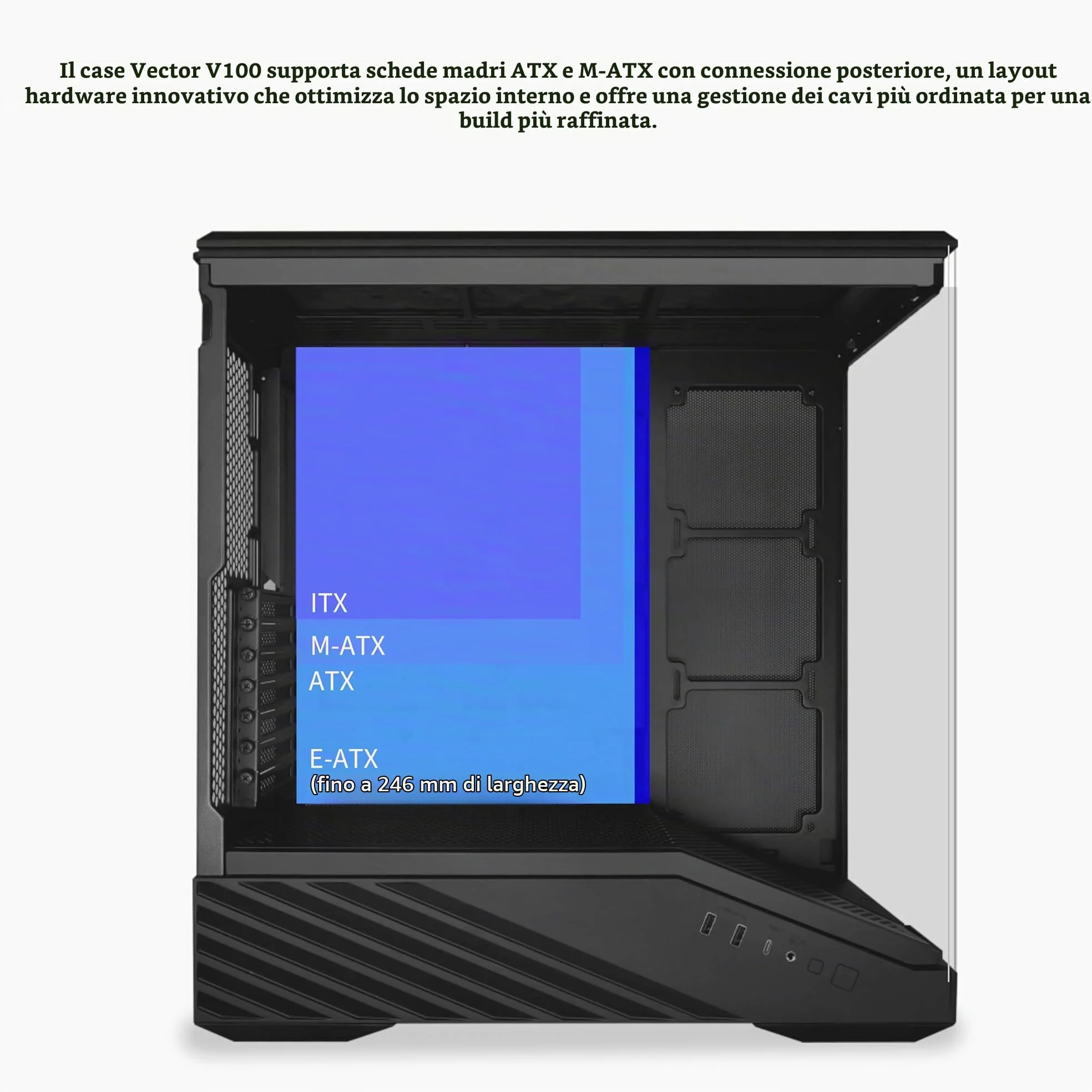 Lian Li Case per PC Mid-Tower V100 ATX, striscia LED RGB, design della piattaforma display con vetro temperato, supporto GPU da 415 mm, radiatore da 360 mm, I/O laterale e flusso d'aria ottimizzato
