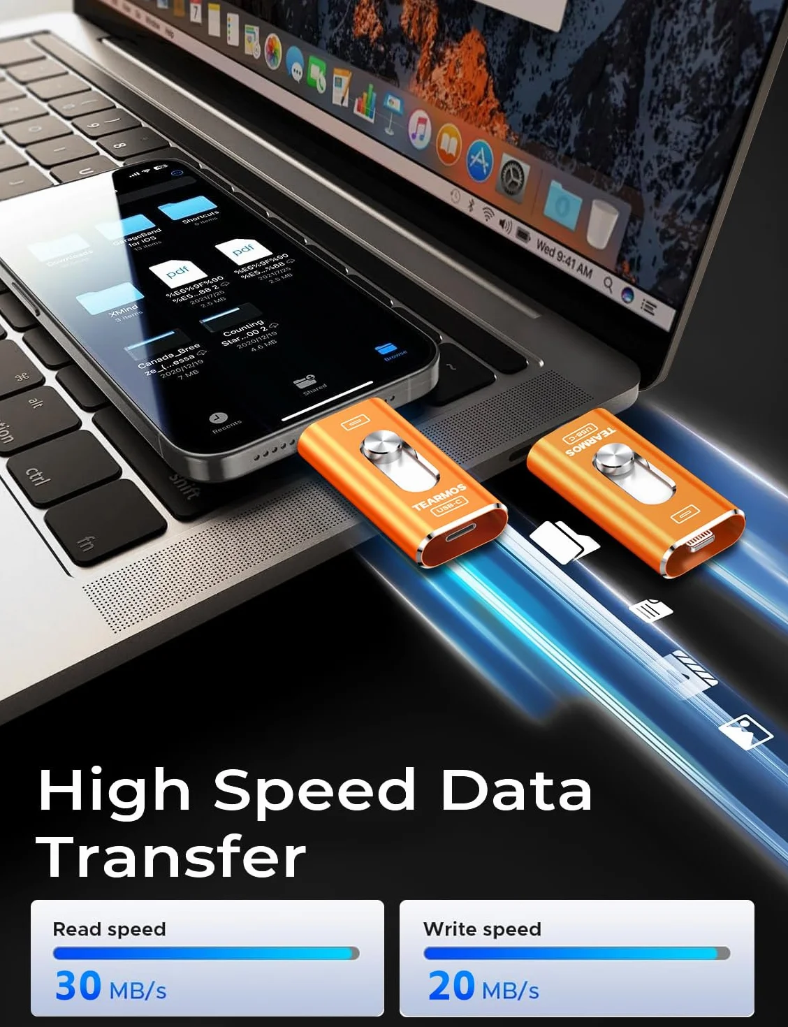 Chiavetta fotografica da 512 GB per iPhone Flash Drive, memoria per telefono per foto e video, compatibile con iPhone, iPad, Android, PC, Plug & Play, nessuna app richiesta (arancione cosmico)