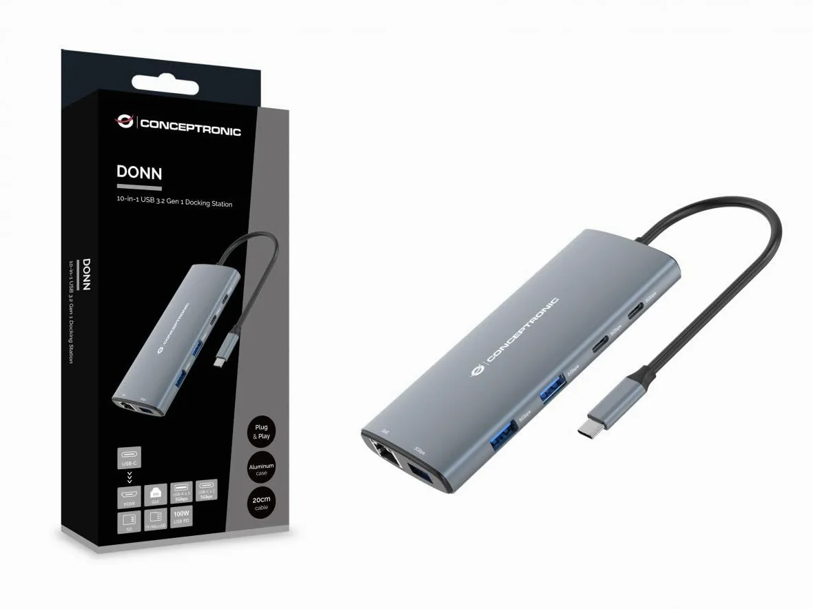 CONCEPTRONIC DONN06G 10 in 1 USB 3.2 Gen 1 Docking Station, HDMI, 100 W USB PD, USB-C 5 Gbps x 2, USB-A 5 Gbps x 3, SD, TF/MicroSD, GbE