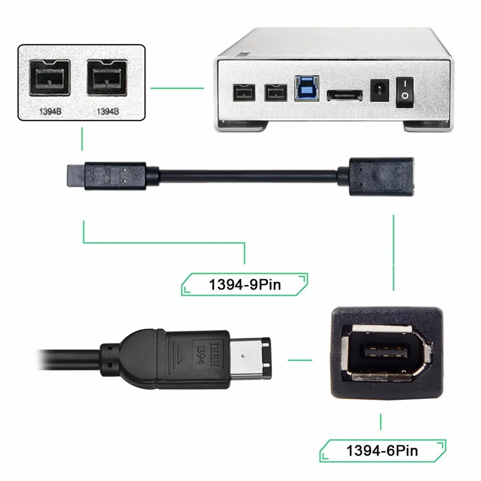IEEE 1394 6Pin Femmina a 1394b 9Pin Maschio Firewire 400 a 800 Cavo 20cm