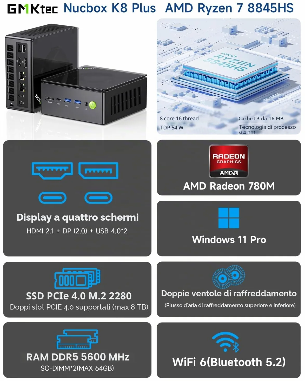 GMKtec Gaming Mini PC K8 Plus AMD Ryzen 7 8845HS (8C/16T, Up to 5.1GHz) 32GB RAM DDR5 512GB SSD, Oculink Desktop Computer/Dual NIC 2.5G/WIFI 6/BT5.2/HDMI 2.1/USB4/USB3.22+USB2.0