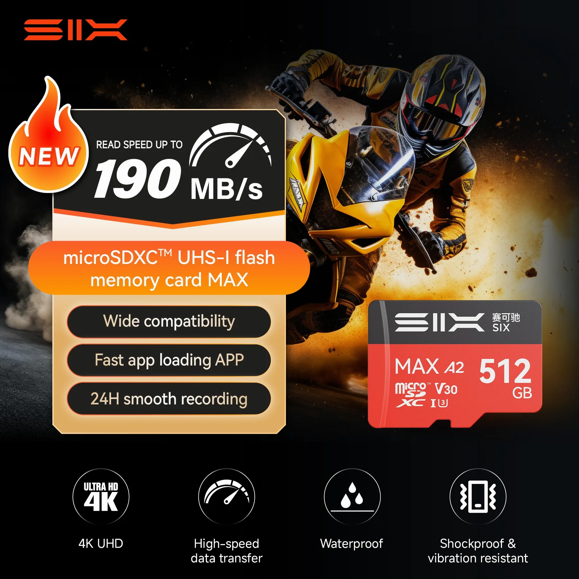 SIX Scheda micro SD M200 da 256 GB, lettura fino a 190 MB/s per registrazione continua 4K UHD, scheda di memoria microSDXC A2, U3, V30, da 256 GB, con adattatore per action camera, droni, console di
