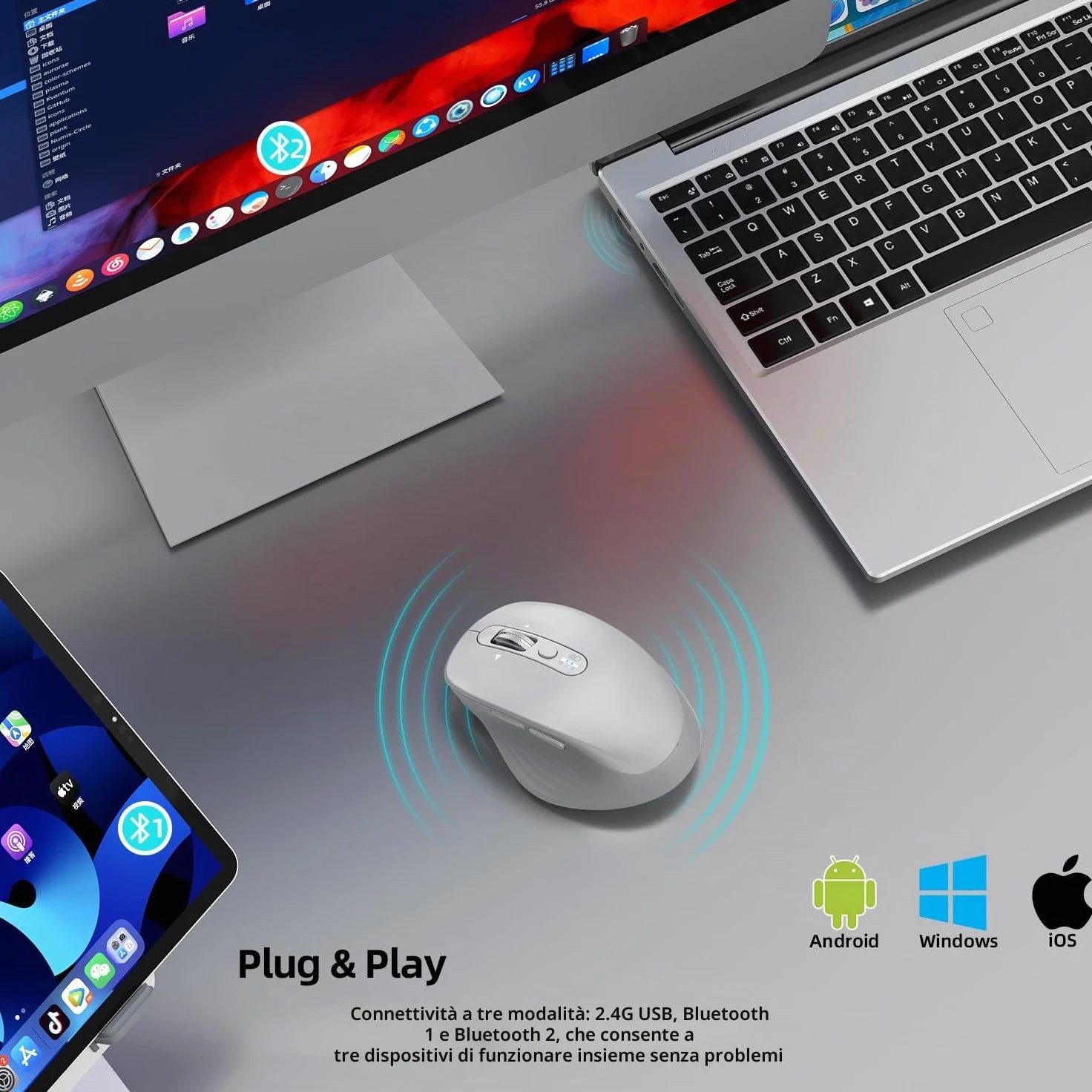 INFINMIND Mouse wireless, Multi-Dispositivo Bluetooth, ricevitore USB 2.4G e doppio Bluetooth, rotella di scorrimento 4 direzioni silenzioso per computer, laptop, PC, MacBook, iPad (Bianco)