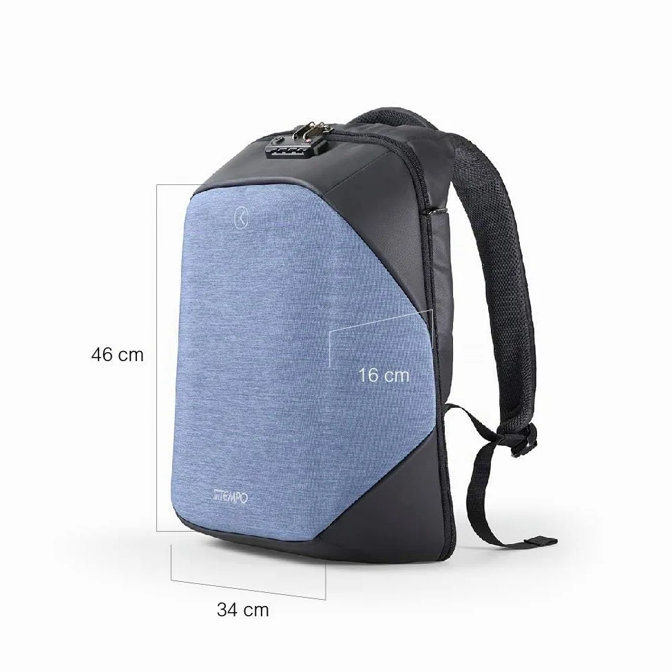 Intempo Zaino Antifurto Versatile Tekniko Big in Tessuto Idrorepellente, Cavo Telescopico Antifurto, Chiusura con Combinazione, Presa USB Esterna, Dimensioni 34 x 46 x 16 cm, Colore Azzurro