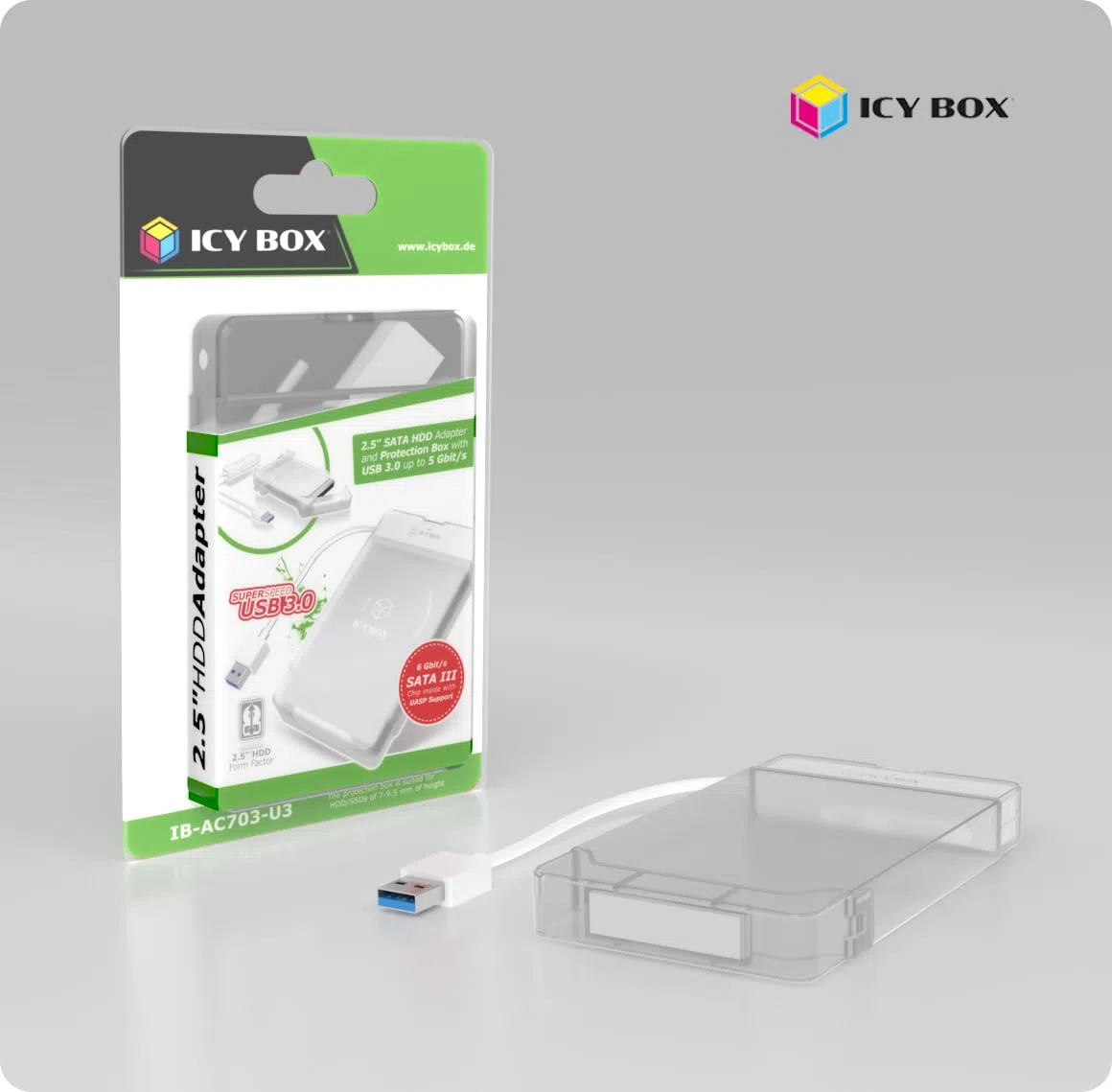 Icy Box IB-AC703-U3 Adattatore da USB 3.0 (UASP) a SATA per 2,5” (6,35 cm) HDD/SSD con Protezione per Adattatore & unità, SATA III, Bianco/Trasparente